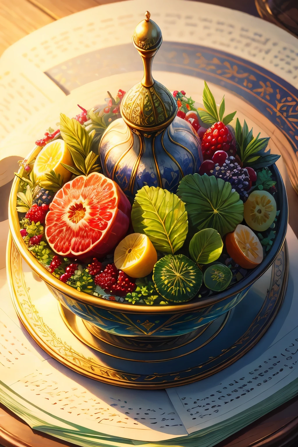 (best quality, highres), detailed herbal manuscript page with intricate illustrations of herbs, fruits, and berries, elaborate calligraphy, ultra-detailed depictions of each plant and fruit, top-down perspective, centered composition, no human presence