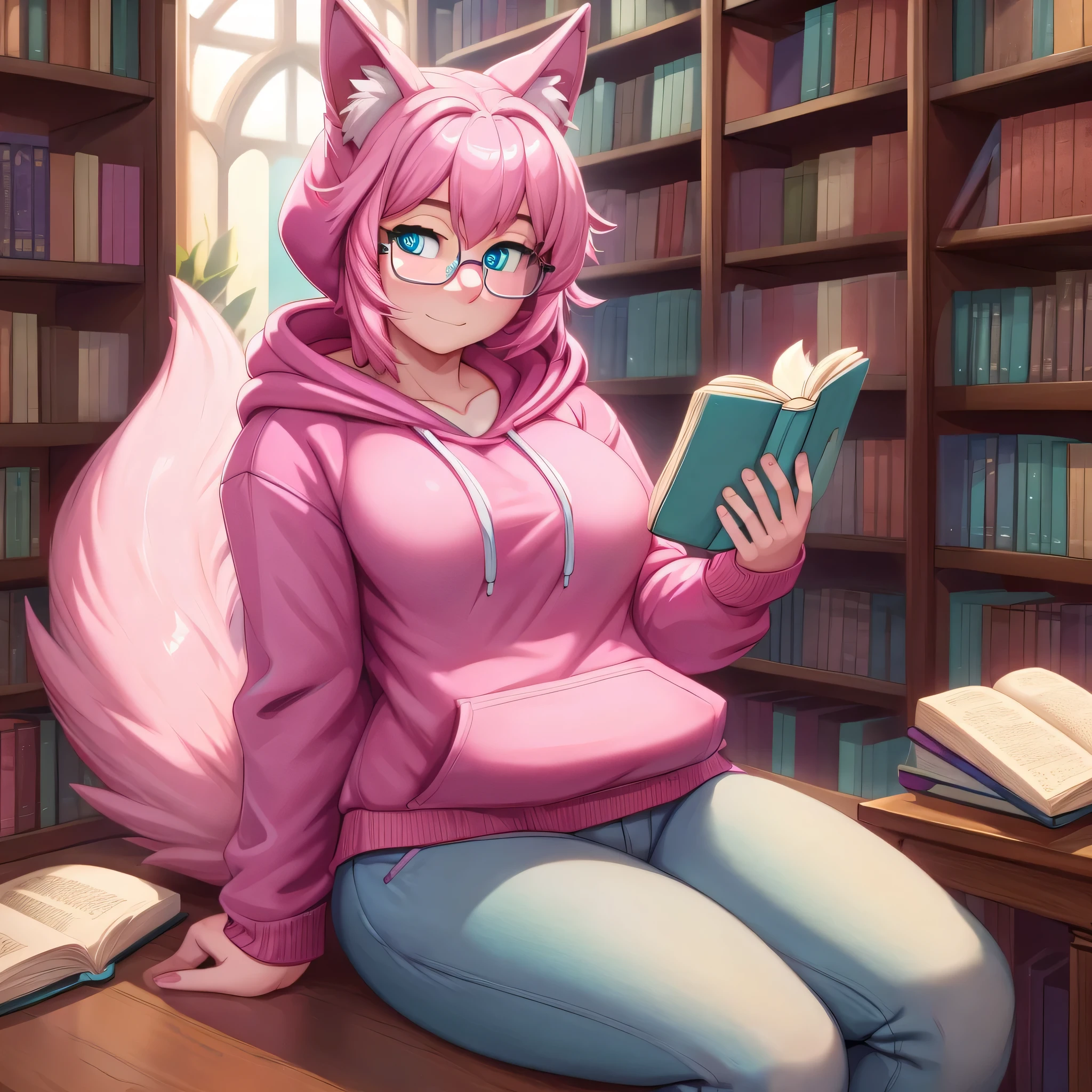 (Masterpiece) (High Detail) (High Res) A short cute humanoid girl with pale skin and turquoise eyes and long pink hair and pink dog ears and a big fluffy pink dog tail and average breasts. She is sat in a library and is reading a book. She is wearing a hoodie and jeans and She is wearing glasses. Pink Hair. Pink Tail.