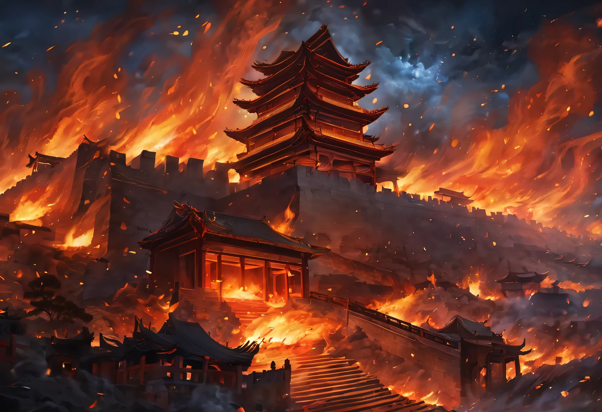 night sky,night,fire,fire海,烈fire,Burning ancient Chinese buildings,capital city,ancient city,collapse,ruins,(汉服红衣女子奔向fire中),explode,burst,ethnic style,Chinese elements,
