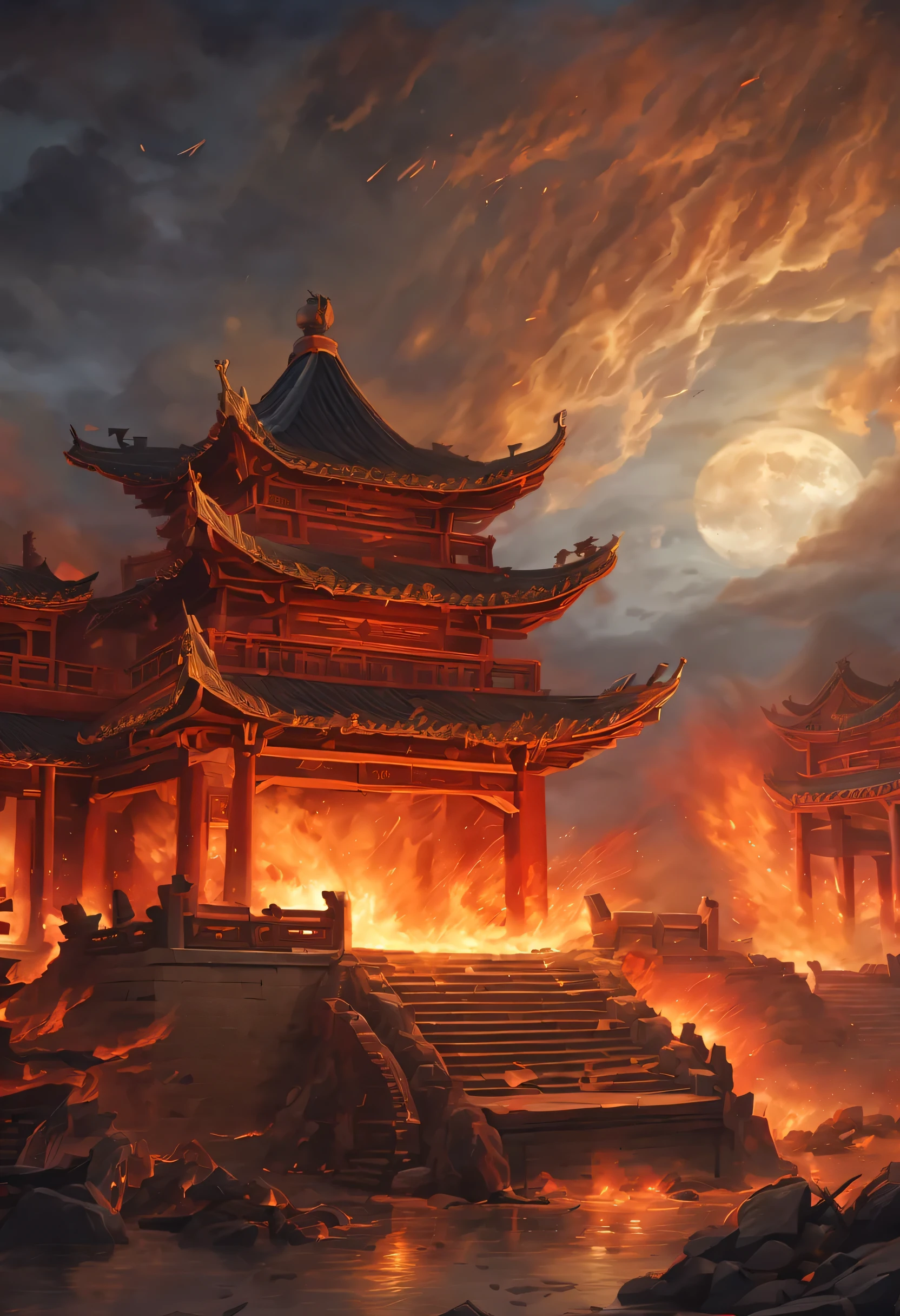 night sky，night，fire，fire海，烈fire，Burning ancient Chinese buildings，capital city，ancient city，collapse，ruins，（汉服红衣女子奔向fire中），explode，burst，ethnic style，Chinese elements，