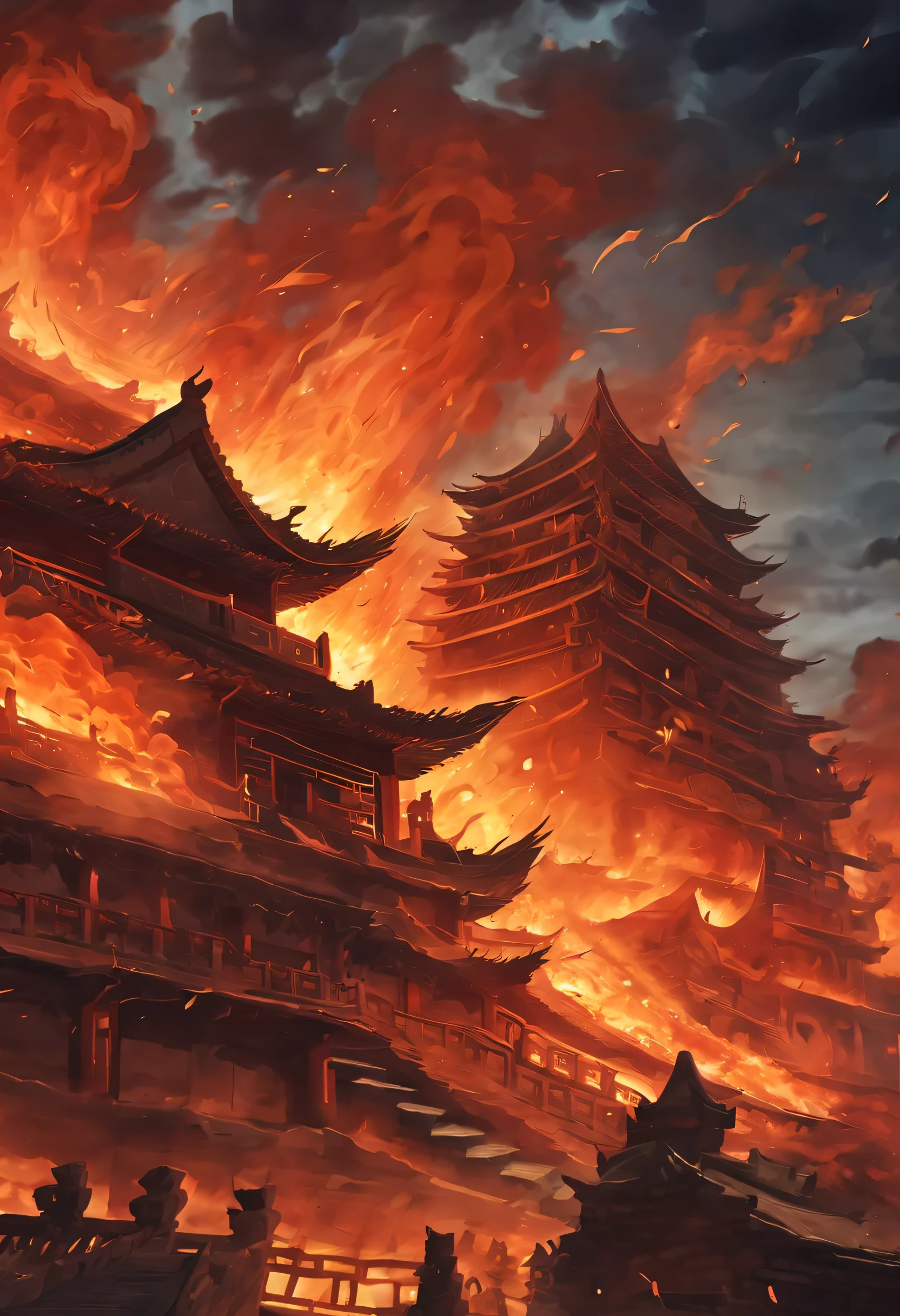 night sky,night,fire,fire海,烈fire,Burning ancient Chinese buildings,capital city,ancient city,collapse,ruins,(汉服红衣女子奔向fire中),explode,burst,ethnic style,Chinese elements,