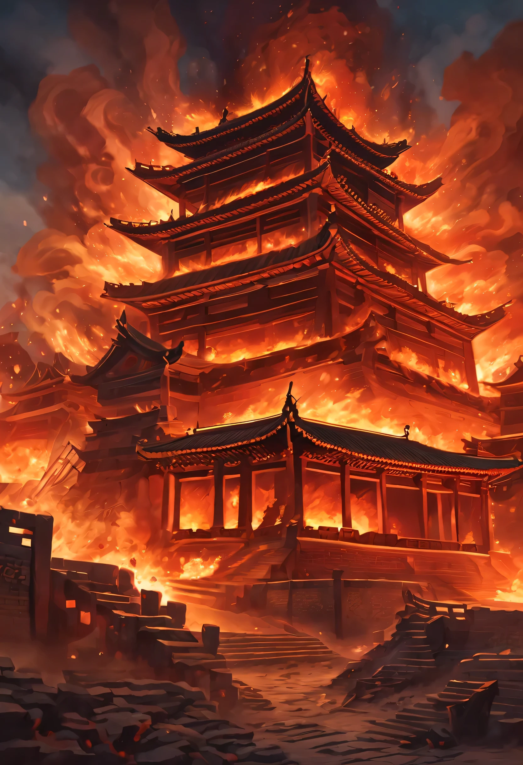 night sky,night,fire,fire海,烈fire,Burning ancient Chinese buildings,capital city,ancient city,collapse,ruins,(汉服红衣女子奔向fire中),explode,burst,ethnic style,Chinese elements,