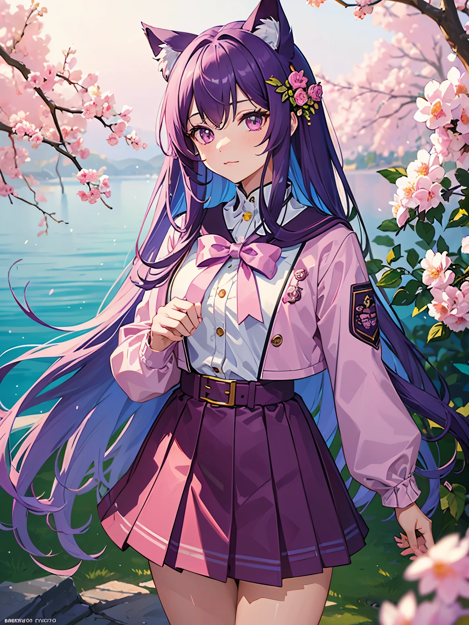 Masterpiece, best quality, ultra detailed, extremely detailed, sharp focus, 1 girl, long pastel purple hair, pink eyes, sailor school uniform, unzipped pink jacket, Cat ears, Cat tail, outside, flowers ,add_detail:1, add_detail:0, add_detail:0.5, more prism, vibrant color, 