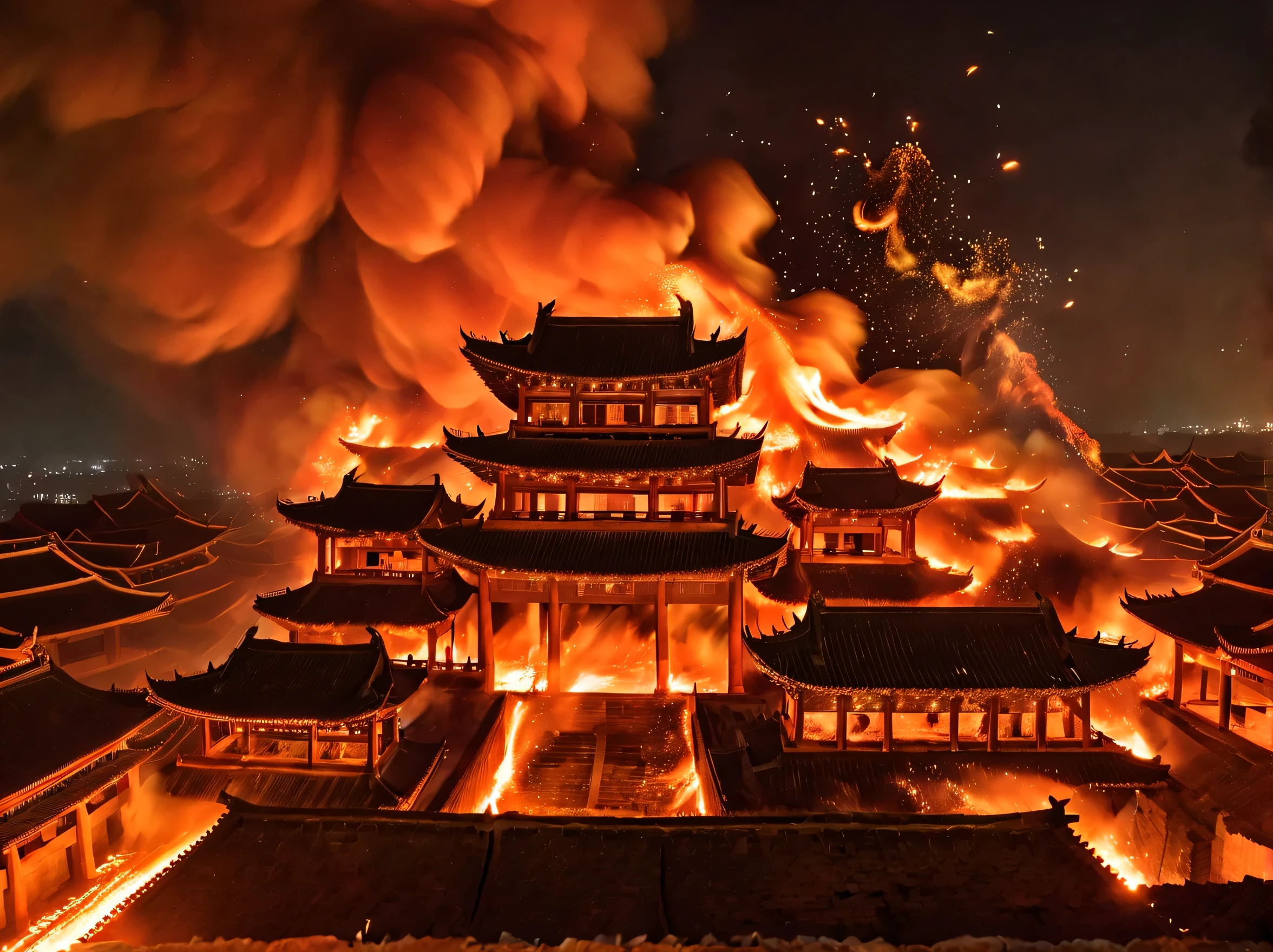 night sky，night，fire，fire海，烈fire，Burning ancient Chinese buildings，capital city，ancient city，ruins，汉服红衣女子奔向fire中，explode，burst，ethnic style，Chinese elements，