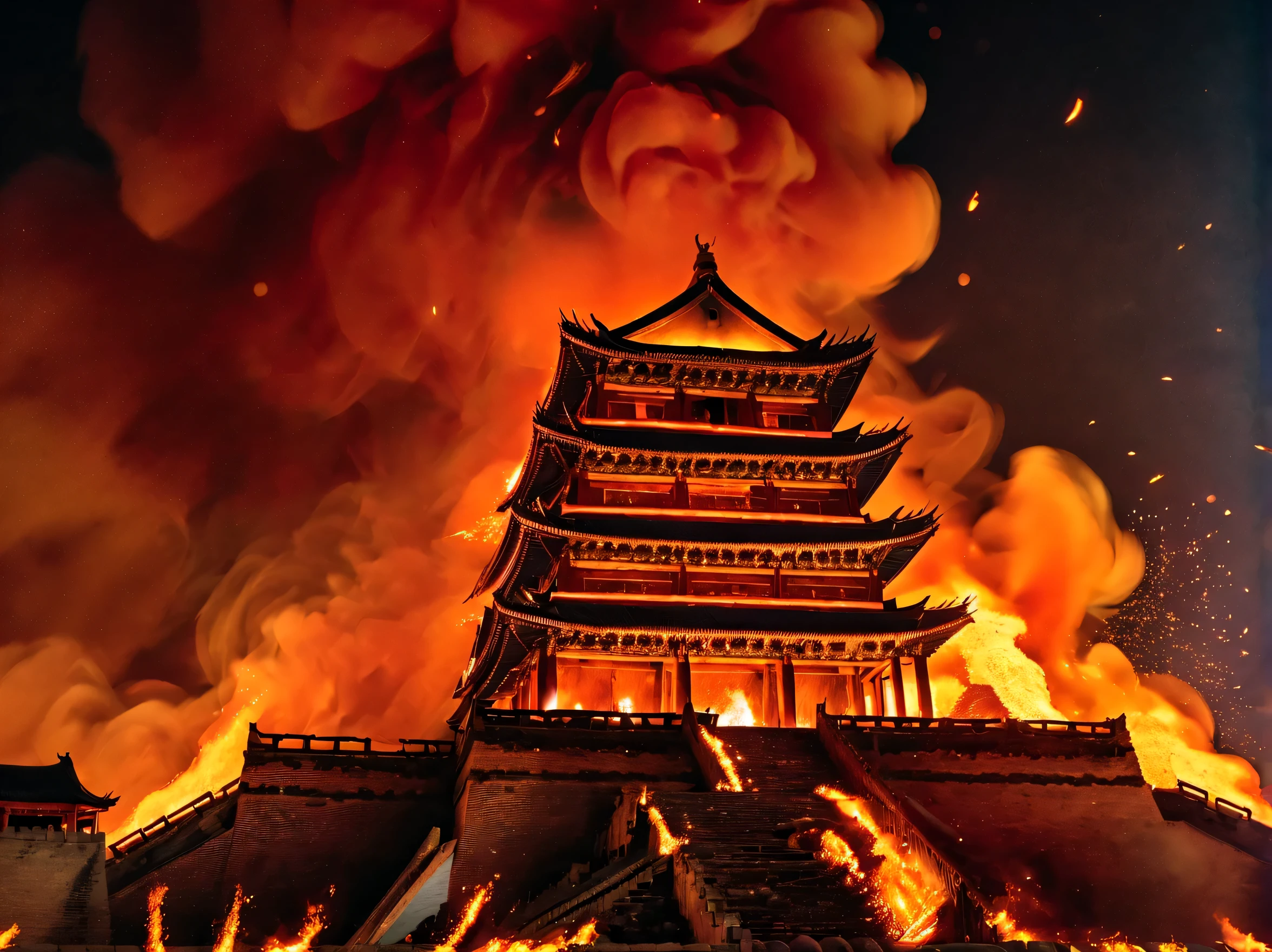 night sky,night,fire,fire海,烈fire,Burning ancient Chinese buildings,capital city,ancient city,ruins,汉服红衣女子奔向fire中,explode,burst,ethnic style,Chinese elements,