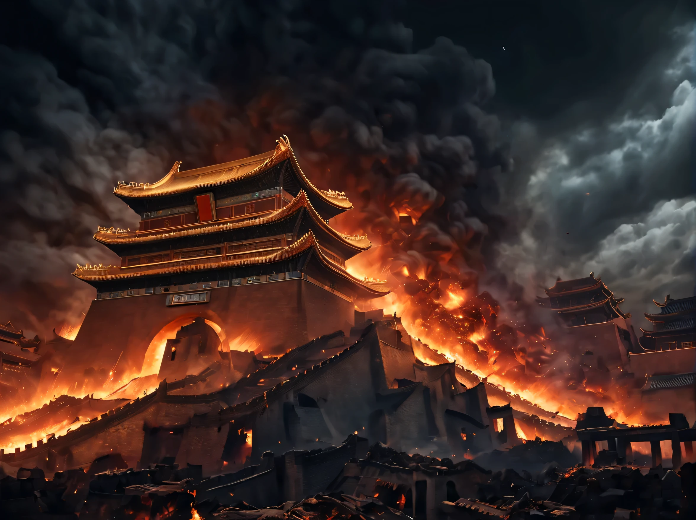 (best quality,4K,8k,high resolution,masterpiece:1.2),Super detailed,(actual,photoactual,photo-actual:1.37),Pitch black night sky,blazing infero,Fire engulfs ancient Chinese building,Beijing,ancient city,ruins,explode,shattered,Chinese traditional elements