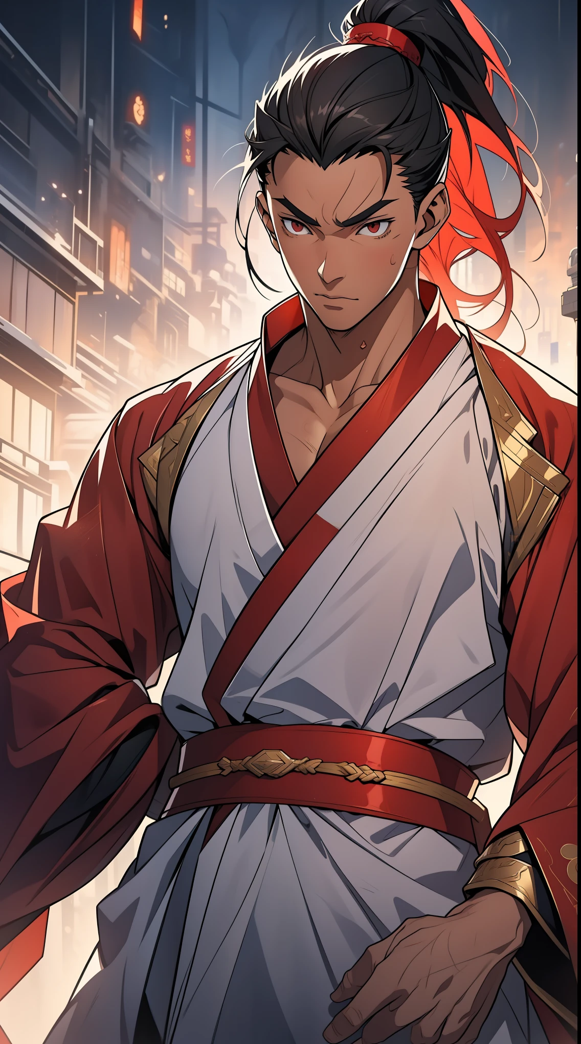 Two dimensions,anime style,one person(male warrior),proportions are correct,facial details,swordsman,high ponytail hairstyle,neck detail,Have an Adam's apple,red robe,joke,Red robe,clothing details,transfer,long sleeves,Game quality,fencing,Ray tracing,Ray tracing,Detailed glow,CG rendering,hair details,long red hair,red eyes,Handsome,Handsome,(Youthful feeling),Clothing is complicated,Perfect composition,refine,high quality,higher details,many details,Complex background,a sense of atmosphere,