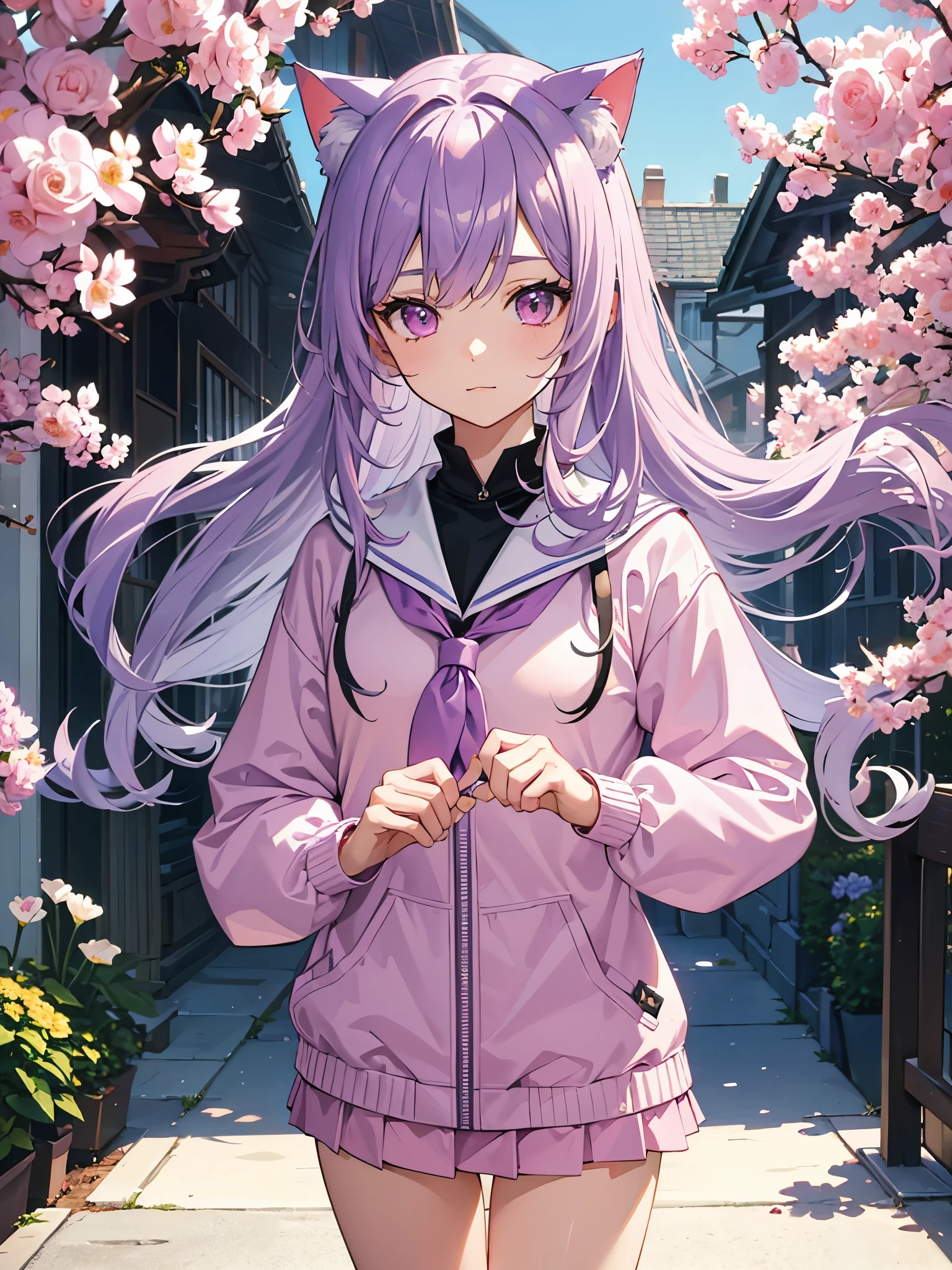 Masterpiece, best quality, ultra detailed, extremely detailed, sharp focus, 1 girl, long pastel purple hair, pink eyes, sailor school uniform, unzipped pink jacket, Cat ears, Cat tail, outside, flowers ,add_detail:1, add_detail:0, add_detail:0.5, more prism, vibrant color,