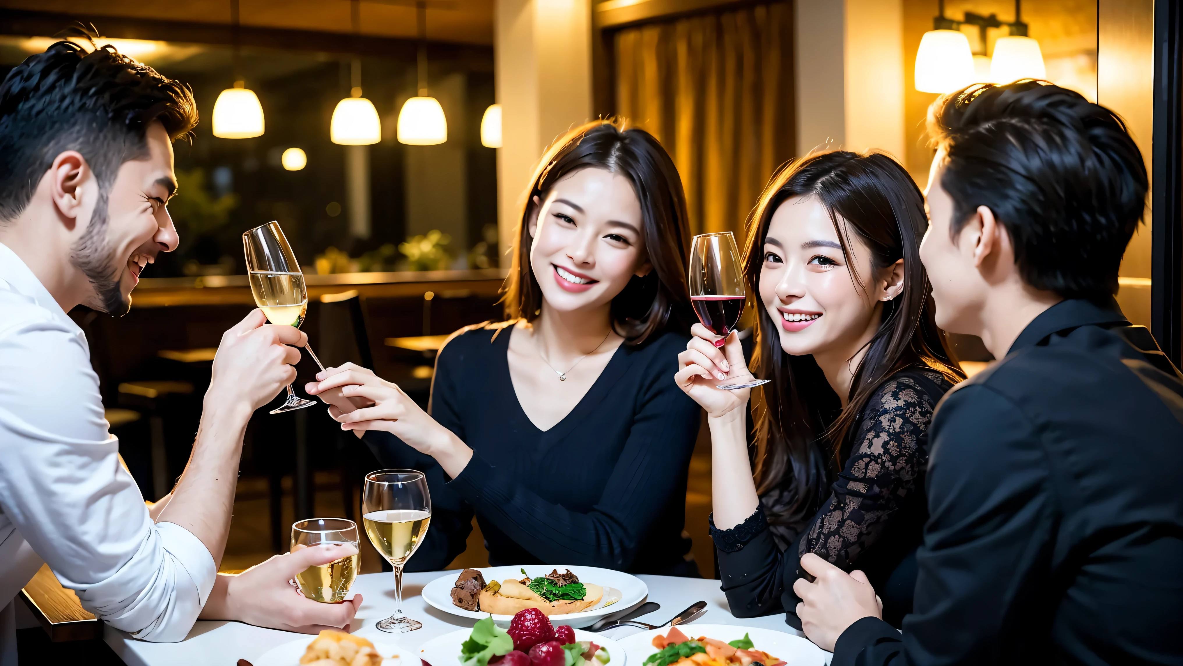 64k, UHD, highest quality, masterpiece: 1.2), (realistic, photorealistic: 1.37), Super detailed, celebration party、3 women who love wine、three men、champagne、Sparkling wine、winter night、restaurantでワイン宴会、(slimな男女4名),(Wine party for 5 people)、(slimフェイス),Happy、 最高なsmile、Fox Face、Raccoon face、Berry Short、(because I'thin), (brown hair), (shortcut), long sleeve shirt、winter fashion、Colombia、Brazilian、Japanese、Dutch、German、Portuguese、Belgian、Italian、french, (gush), (slimボティ), (brown hair), (shortcut), Neat beauty、cheeks blush a little, (41 years old), 38 years old, alone, A beautiful and detailed night view spreads out outside the window..., restaurant, wine glassが座っている, At night, in a prominent place (from the Upper body) nova frog style, actress, model, Upper body, White wine, slim, wine glass, very beautiful night view, wine glass Put in the Middle, Happy smile, (smile: 1.15),