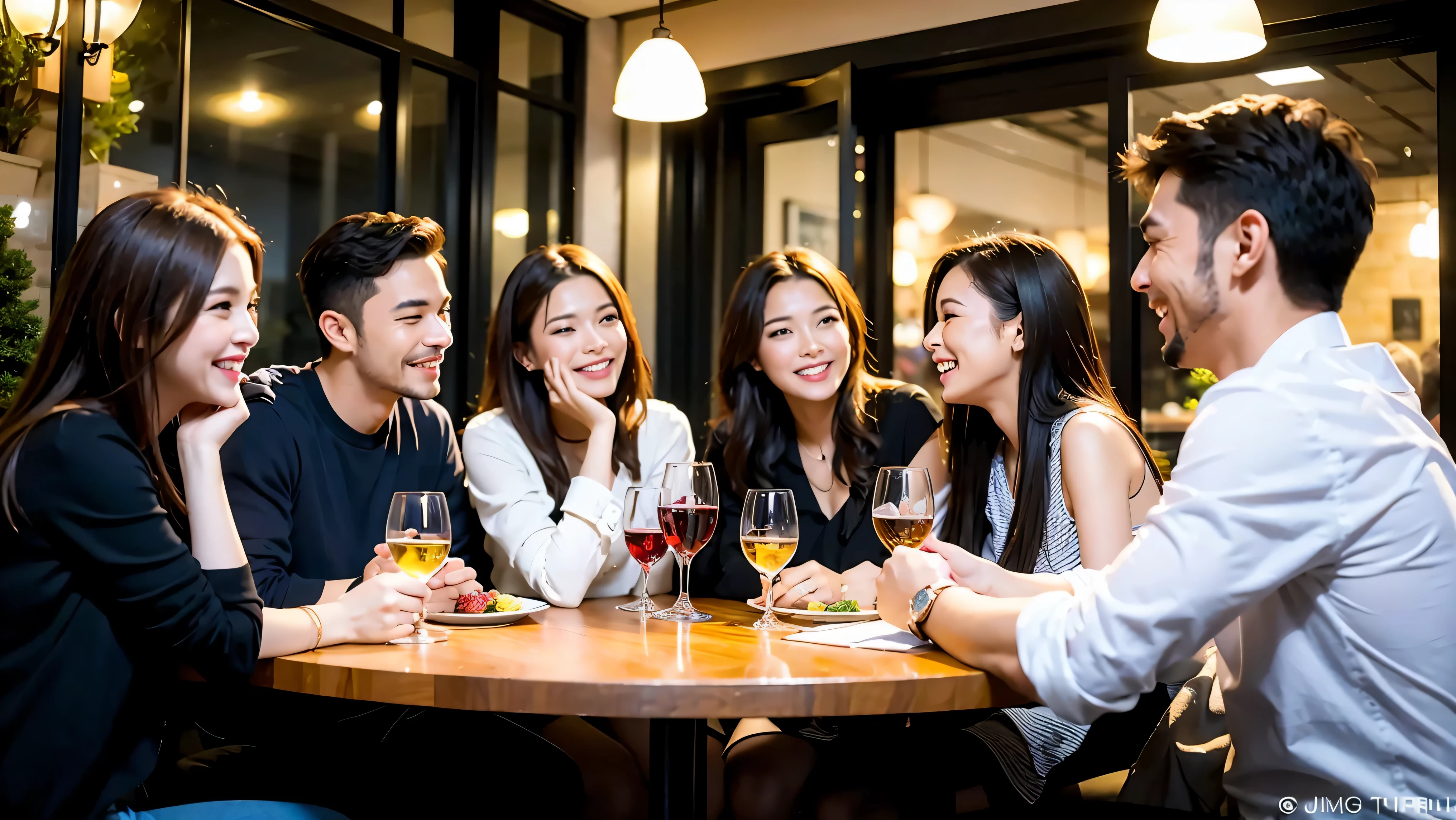 64k, UHD, highest quality, masterpiece: 1.2), (realistic, photorealistic: 1.37), Super detailed, celebration party、3 women who love wine、three men、champagne、Sparkling wine、winter night、restaurantでワイン宴会、(slimな男女4名),(Wine party for 5 people)、(slimフェイス),Happy、 最高なsmile、Fox Face、Raccoon face、Berry Short、(because I'thin), (brown hair), (shortcut), long sleeve shirt、winter fashion、Colombia、Brazilian、Japanese、Dutch、German、Portuguese、Belgian、Italian、french, (gush), (slimボティ), (brown hair), (shortcut), Neat beauty、cheeks blush a little, (41 years old), 38 years old, alone, A beautiful and detailed night view spreads out outside the window..., restaurant, wine glassが座っている, At night, in a prominent place (from the Upper body) nova frog style, actress, model, Upper body, White wine, slim, wine glass, very beautiful night view, wine glass Put in the Middle, Happy smile, (smile: 1.15),