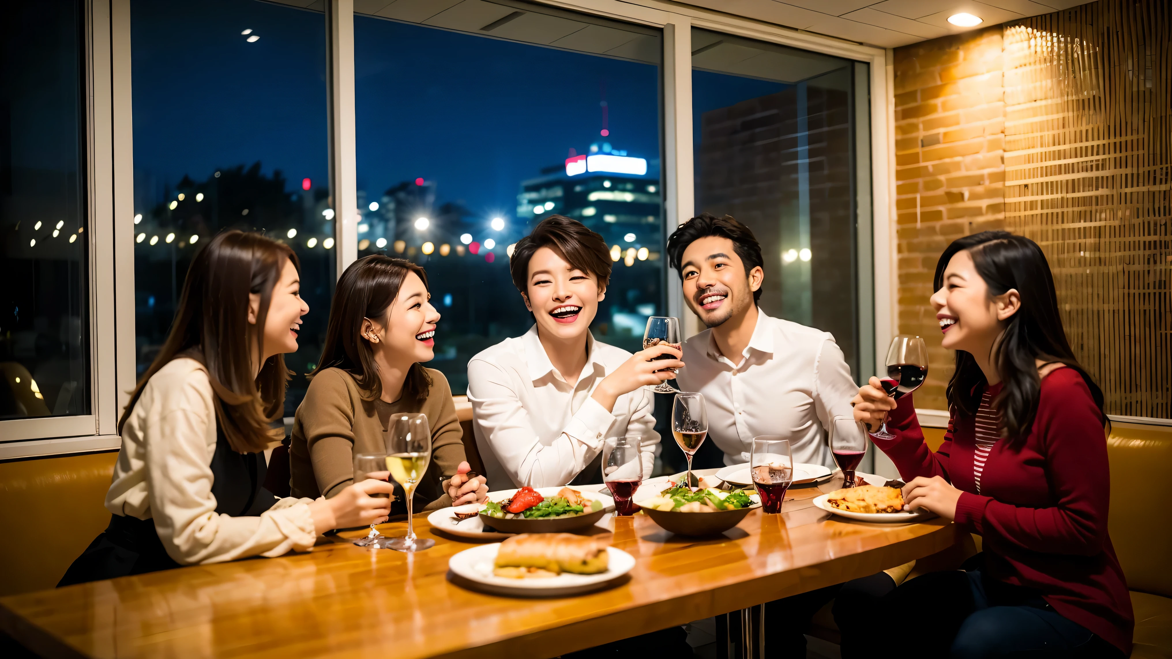 64k, UHD, highest quality, masterpiece: 1.2), (realistic, photorealistic: 1.37), Super detailed, celebration party、3 women who love wine、three men、champagne、Sparkling wine、winter night、restaurantでワイン宴会、(slimな男女4名),(Wine party for 5 people)、(slimフェイス),Happy、 最高なsmile、Fox Face、Raccoon face、Berry Short、(because I&#39;thin), (brown hair), (shortcut), long sleeve shirt、winter fashion、Colombia、Brazilian、Japanese、Dutch、German、Portuguese、Belgian、Italian、french, (gush), (slimボティ), (brown hair), (shortcut), Neat beauty、cheeks blush a little, (36 years old), 38 years old, alone, A beautiful and detailed night view spreads out outside the window..., restaurant, wine glassが座っている, At night, in a prominent place (from the Upper body) nova frog style, actress, model, Upper body, White wine, slim, wine glass, very beautiful night view, wine glass Put in the Middle, Happy smile, (smile: 1.15), 