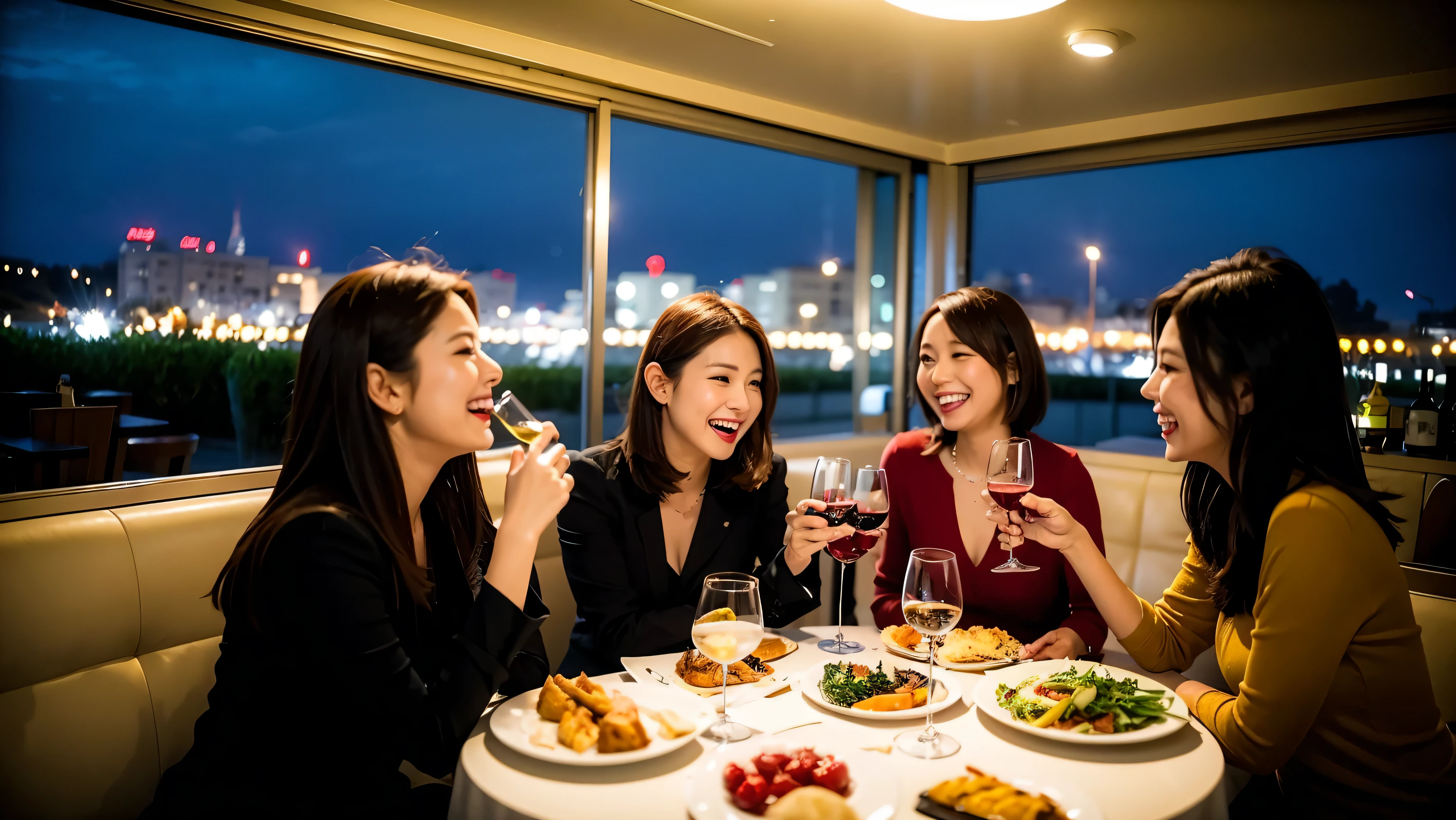 64k, UHD, highest quality, masterpiece: 1.2), (realistic, photorealistic: 1.37), Super detailed, celebration party、3 women who love wine、three men、Japanese sake、Shochu、champagne、Sparkling wine、winter night、restaurantでワイン宴会、(slimな男女4名),(Wine party for 5 people)、(slimフェイス),Happy、 最高なsmile、Fox Face、Berry Short、(because I'thin), (brown hair), (shortcut), long sleeve shirt、winter fashion、Japanese、Dutch、German、Portuguese、Belgian、Italian、french, (gush), (slimボティ), (brown hair), (shortcut), Neat beauty、cheeks blush a little, (34 years old), 38 years old, alone, A beautiful and detailed night view spreads out outside the window..., restaurant, wine glassが座っている, At night, in a prominent place (from the Upper body) nova frog style, actress, model, Upper body, White wine, slim, wine glass, very beautiful night view, wine glass Put in the Middle, Happy smile, (smile: 1.15),