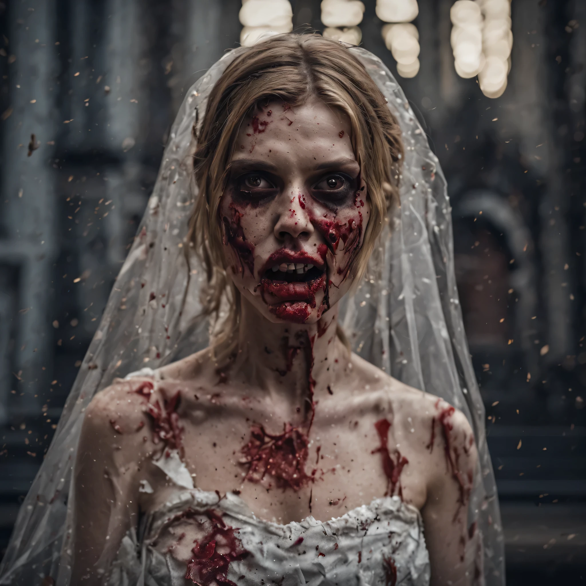 (zombie young girl face:1.4), a bride, zombie face, angry face, hair with strands of gray hair, open mouth, rotten, in a dirty torn wedding dress, a dress in red liquid paint, in a veil, wounds, abrasions, cuts, bruises, bullet holes on the body, in the background a church cathedral, cemetery, detail face, detail backgrounds little blur, reflection from wet, not much light on models, correct shadows, HDR, photorealistic, professional photo, gloomy style