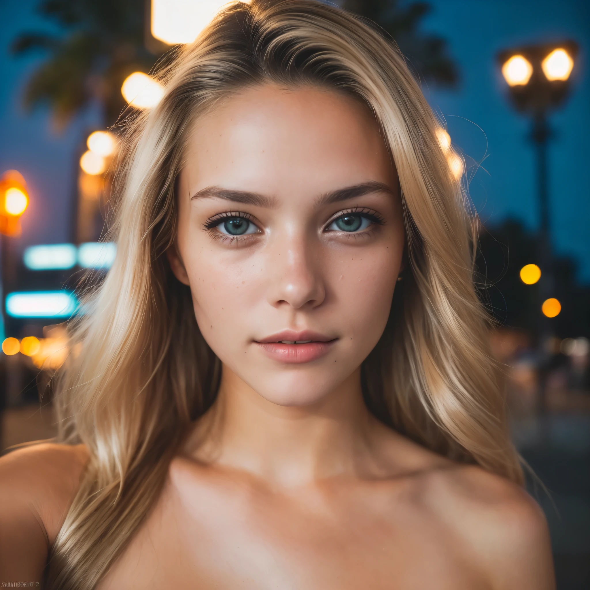(Selfie, Top view: 1.4), (Right half of the body: 1.4), RAW UHD portrait photo of a 22-year-old blonde (Woman with brown eyes) Descending on the beach, Palm trees, (skirt), (neckline), specifics (Textures! , hair! , Shine, Color!! , disadvantages: 1.1), Bright sad eyes filled with tears with lots of detail (looking at the camera), SLR lighting, Reflex, Ultra-quality, regarding sharpness, depth of field, film grain (center), Fujifilm XT3, Clear, Center of the frame, beautiful face, sharp focus, street lamp, neon lighting, Bokeh (dimly lit), Night, (Night sky), detailed skin pores, oily skin, sunburn, intricate eye details, full body, large breasts.