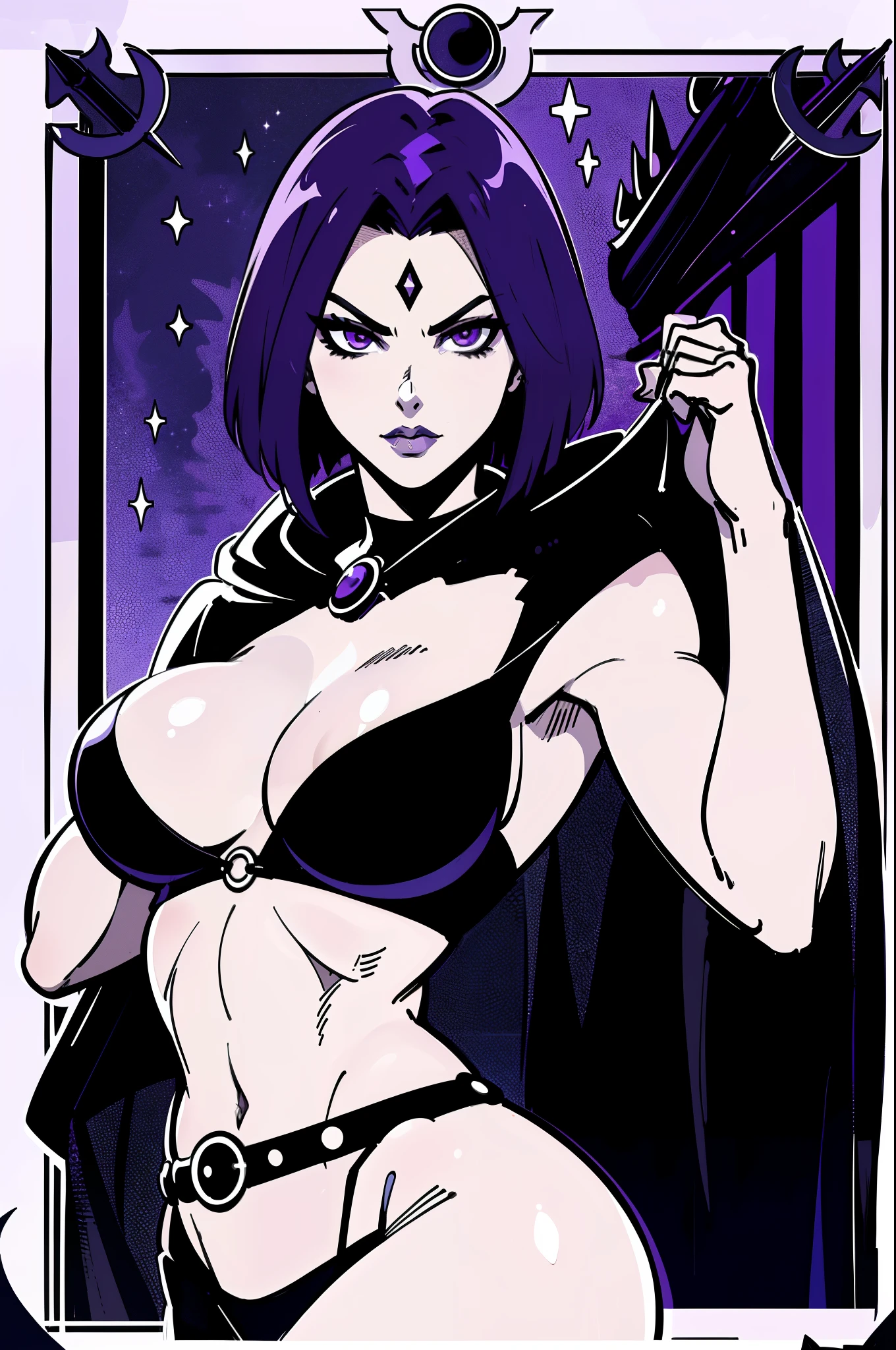 1girl, raven, black leotard, black cape, hood, purple hair, forehead jewel, purple eyes, short hair, belt, skin tight, standing, cleavage, toned, breasts, pose, night, moonlight, ((posing)), motion lines, torso, upper body, portrait, b&w. outline, in Anime Tarot Card Art Style