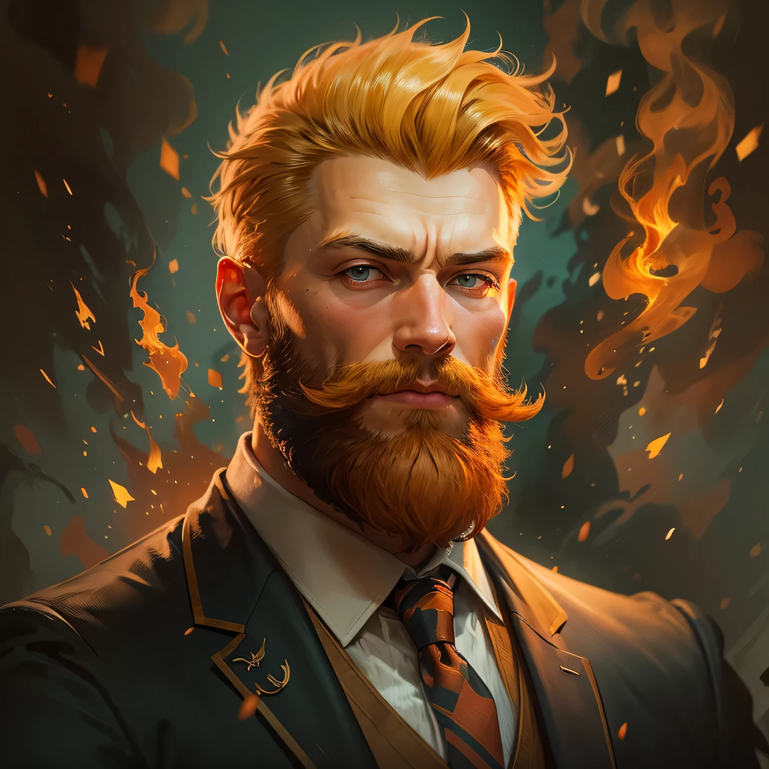 a close up of a man with a beard and a tie, blonde beard, ((short beard)), ((short hair)), grande queixo másculo, hr ginger, mastodonic, millionaire technocrat, avatar image, blonde beard, fire hair, ginger. art nouveau, genzoman, by Mario Dubsky, bob ross as 007, vincent van gogh style, epic portrait, maxim shirkov, blazing infero
