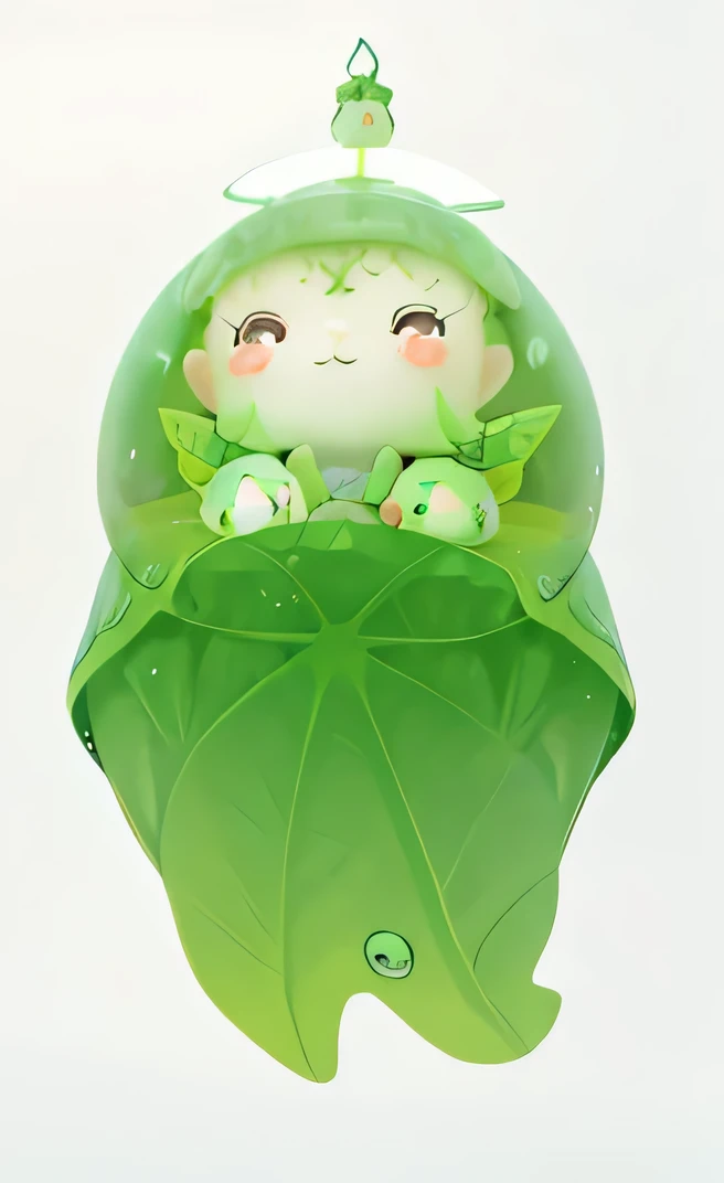 There is a green doll,There is a leaf on it, kawaii yoda, cute porcelain doll, Yoshitaka Amano in soft light and mist, vinyl toy figurines, kewpie, Another close-up of Iwakura, Shikami, cute forest creatures, liquor, Cute glowing creatures, translucent body, cold on a leaf, Wearing a leaf cloak
