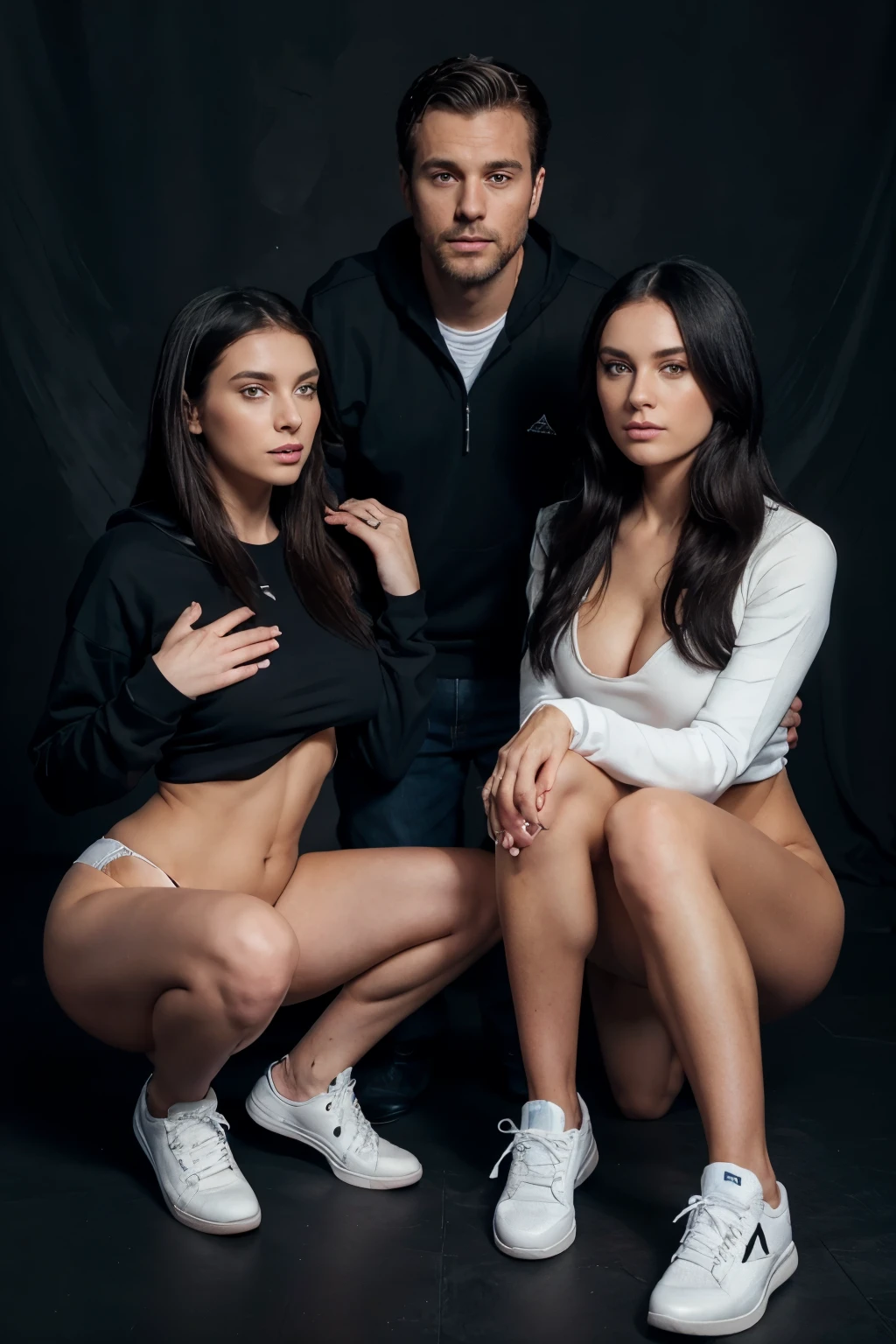 30 year old classy gentleman, wearing an all black sweatshirt. Denim Jeans, all white sneakers, dark studio background, next to him: two beautiful girls in black Bikinis with high heels. Girls trying to touch the man with their hands
