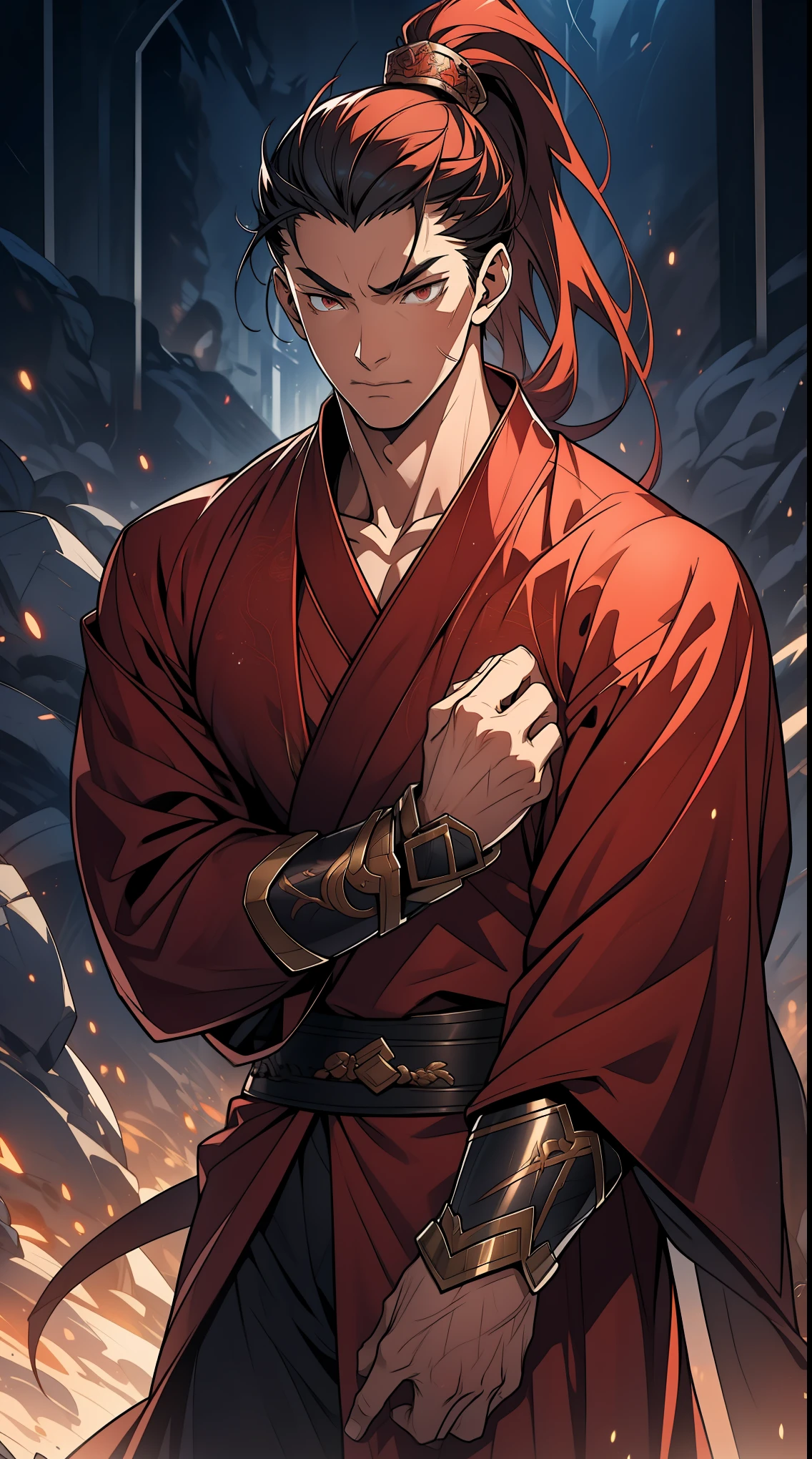 Two dimensions,anime style,one person(male warrior),proportions are correct,facial details,swordsman,high ponytail hairstyle,neck detail,Have an Adam's apple,red robe,joke,Red robe,clothing details,Handing over,long sleeves(arm guards、Armour、pauldron),Game quality,fencing,Ray tracing,Ray tracing,Detailed glow,CG rendering,hair details,long red hair,red eyes,Handsome,Handsome,(Youthful feeling),Clothing is complicated,Perfect composition,refine,high quality,higher details,many details,Complex background,a sense of atmosphere,