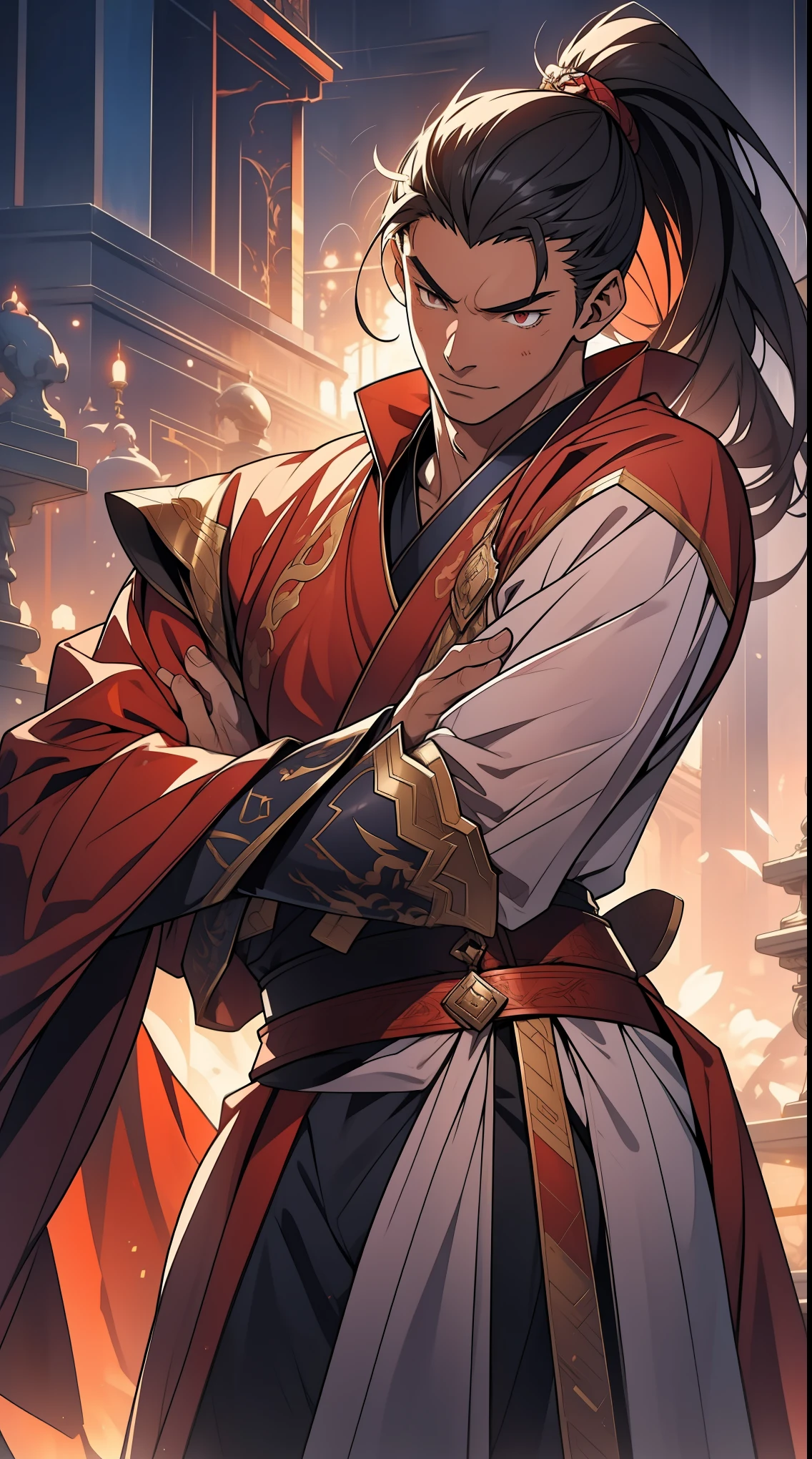 Two dimensions，anime style，one person（male warrior），proportions are correct，facial details，swordsman，high ponytail hairstyle，neck detail，Have an Adam&#39;s apple，red robe，joke，Red robe，clothing details，Handing over，long sleeves（arm guards、Armour、pauldron），Game quality，fencing，Ray tracing，Ray tracing，Detailed glow，CG rendering，hair details，long red hair，red eyes，Handsome，Handsome，（Youthful feeling），Clothing is complicated，Perfect composition，refine，high quality，higher details，many details，Complex background，a sense of atmosphere，