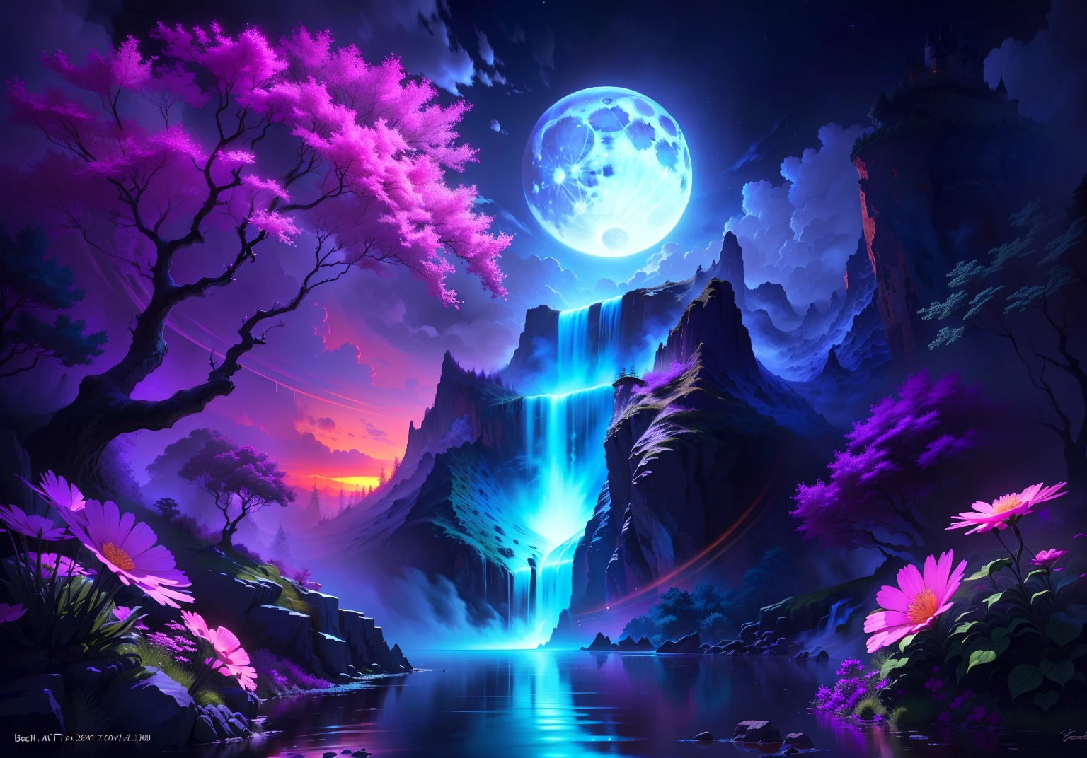 une peinture d&#39;a waterfall with a full moon in the background, art de fondwork, bel art uhd 4k, High quality 8k detailed art, of the oeuvre of d&#39;stunning art in 8K, 4k detailed digital art, detailed painting 4 k, art de fond, fantaisie d&#39;Digital art, photo d&#39;Digital art, Highly detailed 4K digital art, stunning art style, style artistique fantastique, bel Digital art