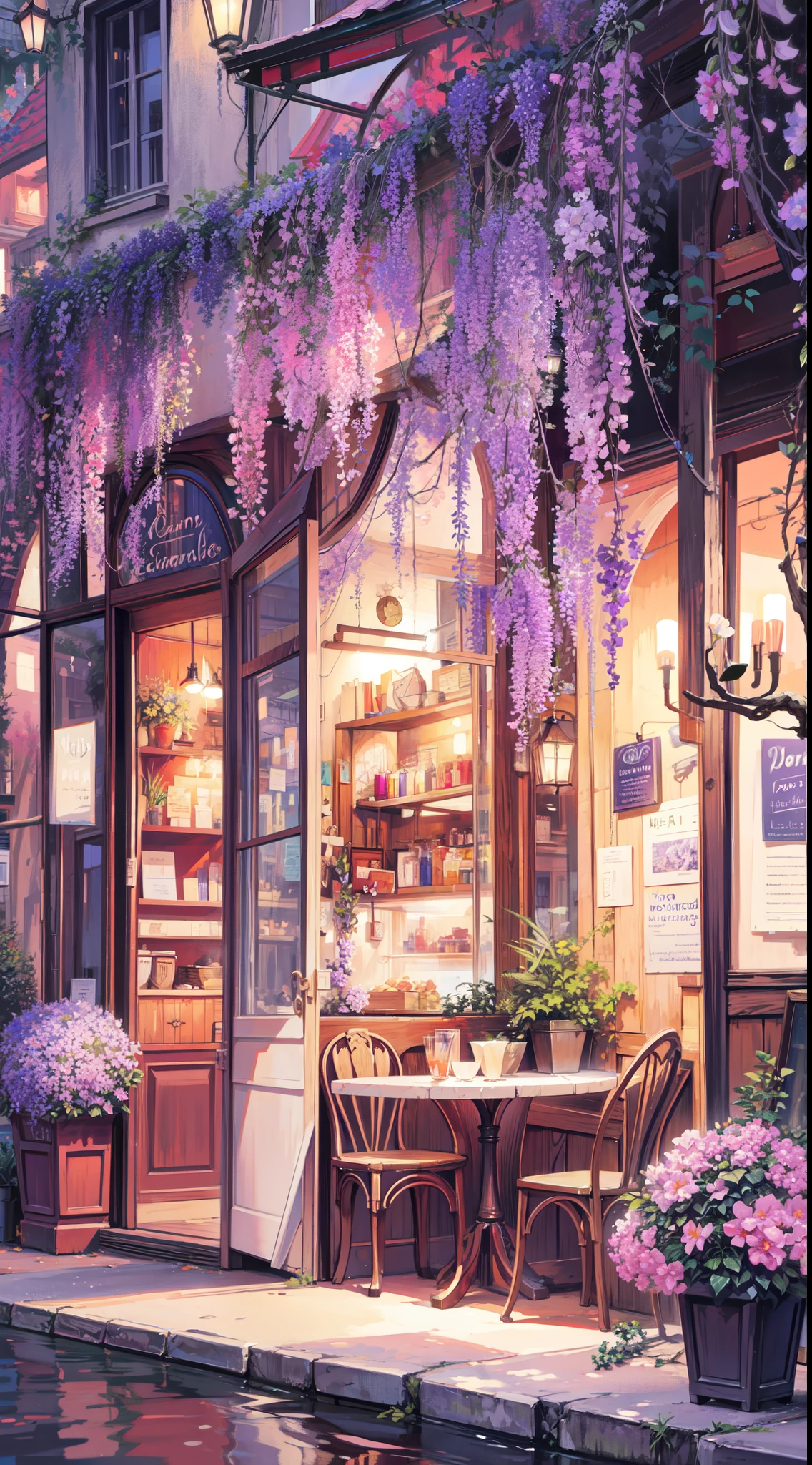 painting of an a old floral street cafe,french, beautiful scenery, stone pavement , purple colour theme, wisteria flowers hanging over cafe,((glistening look)),ghibi style, hd, High quality, water reflection, bushes,4k hd, cloud,beautiful art uhd 4 k, a beautiful artwork illustration, beautiful digital painting, highly detailed digital painting, beautiful digital artwork, detailed painting 4 k, very detailed digital painting, rich picturesque colors, gorgeous digital painting