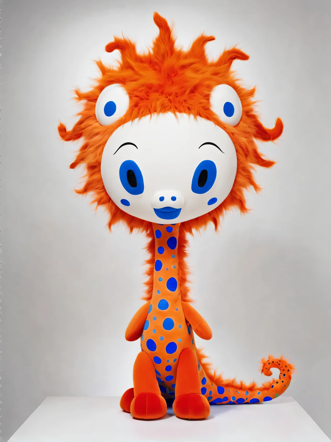 yayoi kusama，character idea, Featuring the adorable zodiac sign Dragon，exaggerated gait, orange fur, big blue eyes, Narrow your eyes and smile mischievously (new moon), wearing scarlet clothes, The nose is super long，like a giraffe&#39;neck，Slender and well-proportioned，range mark plot, monochrome, Ballpoint pen outline, 4K, soft pink, interesting,