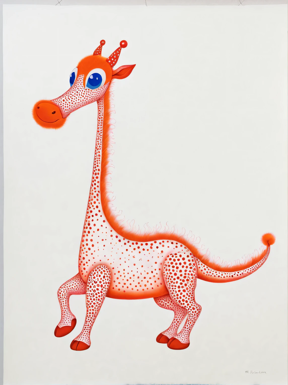 yayoi kusama，character idea, Featuring the adorable zodiac sign Dragon，exaggerated gait, orange fur, big blue eyes, Narrow your eyes and smile mischievously (new moon), wearing scarlet clothes, The nose is super long，like a giraffe&#39;neck，Slender and well-proportioned，range mark plot, monochrome, Ballpoint pen outline, 4K, soft pink, interesting,