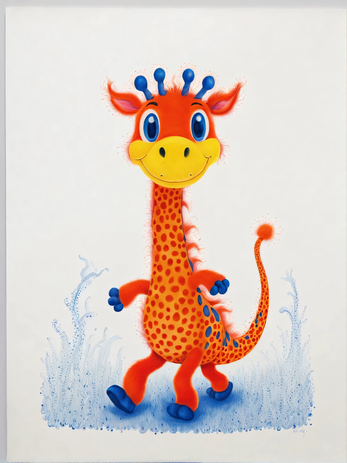 yayoi kusama,character idea, (Cute zodiac dragons),exaggerated gait,orange fur, big blue eyes, Narrow your eyes and smile mischievously (new moon), wearing scarlet clothes, The nose is super long,like a giraffe'neck,Slender and well-proportioned,range mark plot, monochrome, Ballpoint pen outline, 4K, soft pink, interesting,