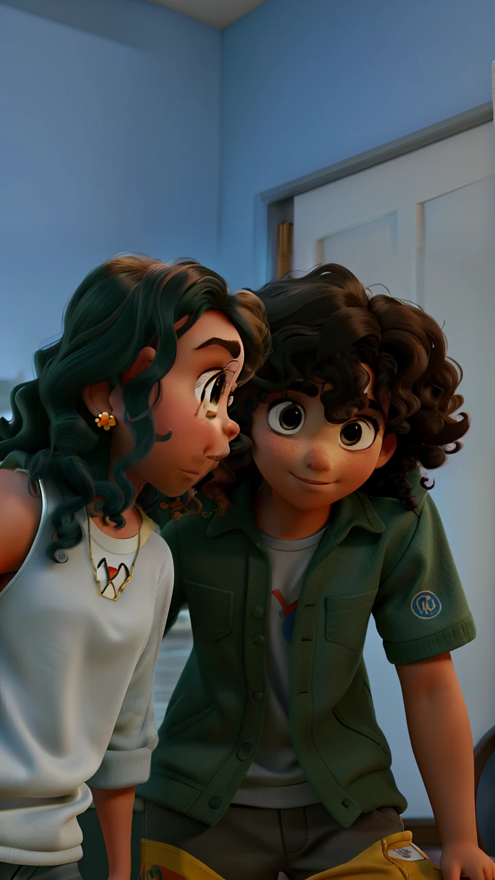 disney pixar style, colored boy with curly hair and girl with wavy hair looking for photo. In high quality