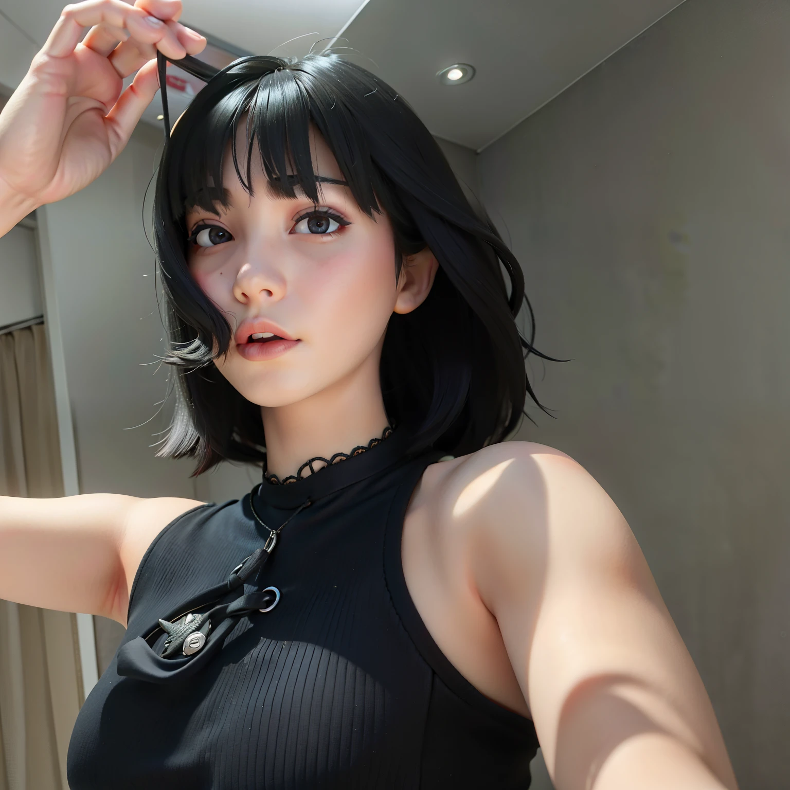 There is a woman who is posing for a photo in a mirror, she has black hair com franja, Sun Yunjoo, com cabelo curto, Jinyoung Shin, com franja, Ulzzang, Lalisa Manobal, Heonhwa Choe, coreana, com franja completa, linda mulher sul-coreana, linda jovem coreana, com cabelo curto com franja