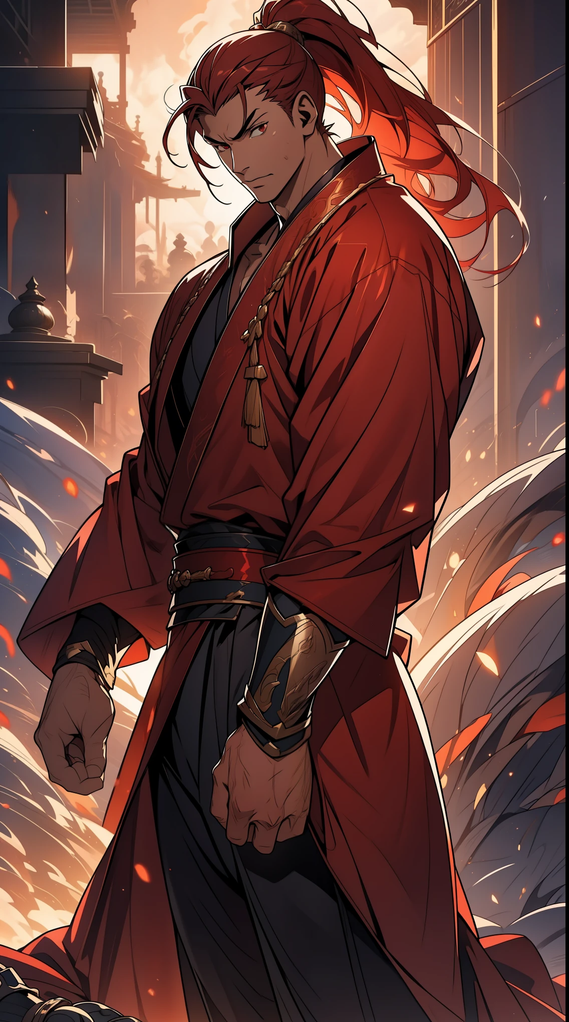 Two dimensions,anime style,one person(male warrior),proportions are correct,facial details,swordsman,high ponytail hairstyle,neck detail,Have an Adam's apple,red robe,joke,Red robe,clothing details,Handing over,long sleeves(arm guards、Armour、pauldron),Game quality,fencing,Ray tracing,Ray tracing,Detailed glow,CG rendering,hair details,long red hair,red eyes,Handsome,Handsome,(Youthful feeling),Clothing is complicated,Perfect composition,refine,high quality,higher details,many details,Complex background,a sense of atmosphere,