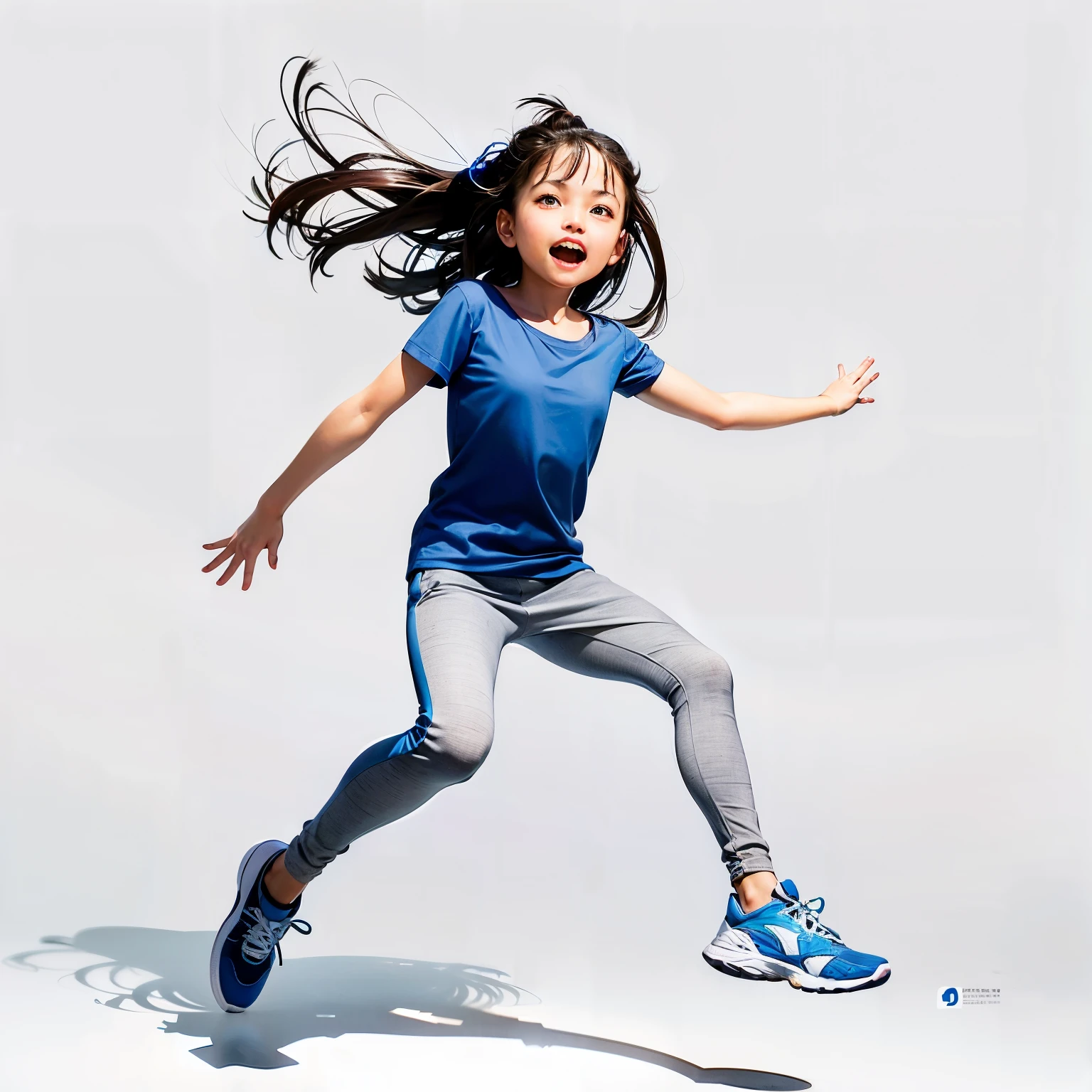 arafed girl in a blue shirt and grey pants jump in the air, jump for joy, jump towards viewer, jump姿势, jump towards viewer, girl running, jump with arms up, jump, girl is running, she is dancing, young asian girl, Dancer&#39;s playful pose, jump, jump into the air，Wear socks