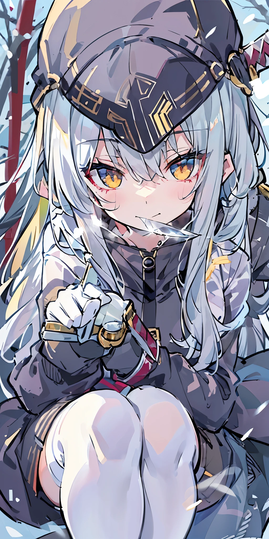 long hair、cute、white stockings、Heart-shaped pupils、solo、gray hair、winter、snow、outdoor、(((golden eyes)))、Ahoge、(((Black hoodie)))、head covering、With weapons、(((((battle)))))、 cold look、 Filmography、 ((((((knife))))))、 village、((((Show the whole body))))、
