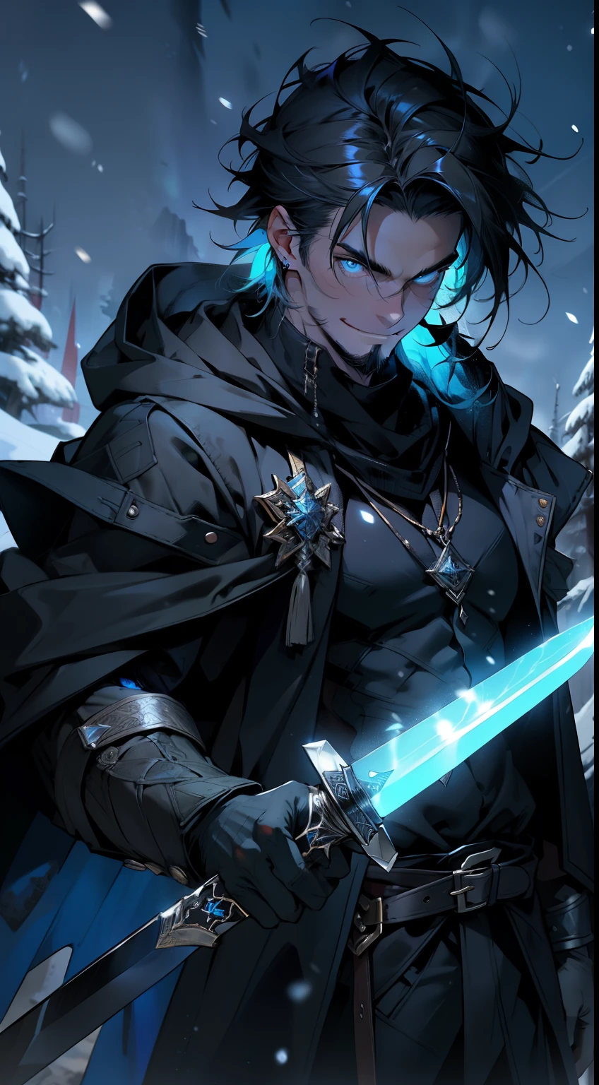 masterpiece, best quality, landscape, gorgeous, caster, ,1man, mage, hood, snow, holding a sword, magic sword, jewel, glow, black coat, cold, mountain, desolate, alone, badass, misteryous, dark, stunning view, goatee, scary, dynamic pose, energetic, smile, close up