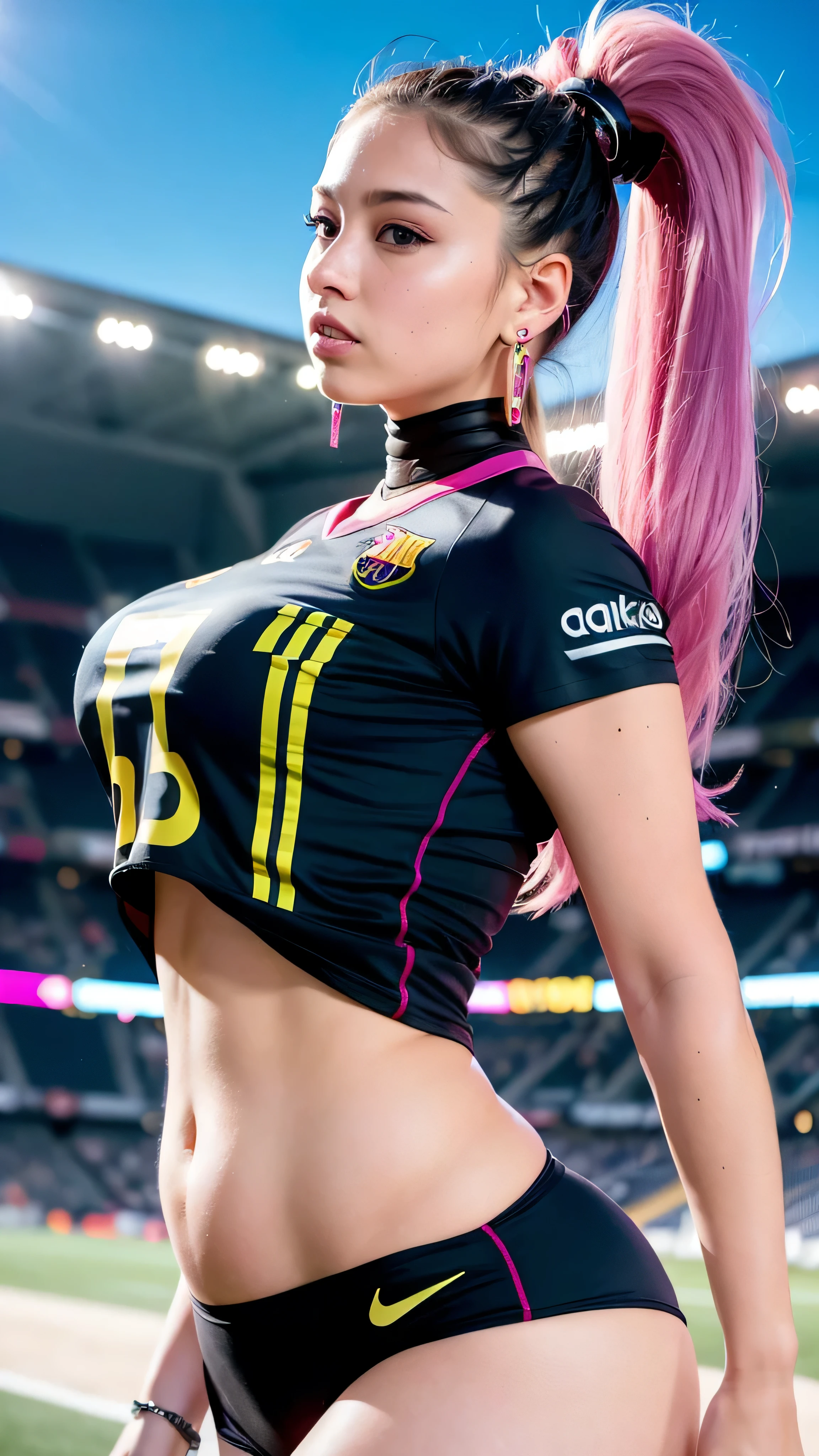 1girl, long hair, ponytail, barcelona football kit, earrings, jewelry, big breasts, (curvy), professional make-up, necklace, football stadium vacation, (cyberpunk), colorful, dynamic light, dynamic angle