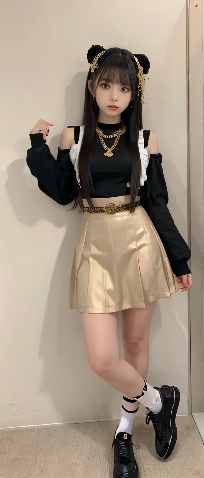 idle girl、Full body Esbian、gold punk costume、punk room、Gold chain