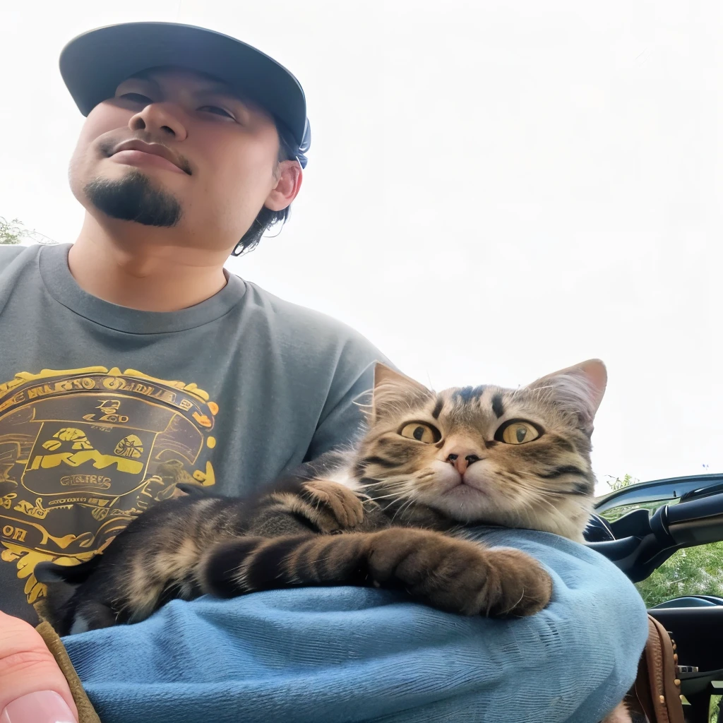 There was a man riding a motorcycle with a cat on his lap., with a small cat on his lap, taken with sony alpha 9, Carrying a cat, Proceed to hero8 pro, Shot with the best DLSR camera, taken with canon eos 5 d mark iv, Shot with iPhone 1 0, Shot with GoPro9, cat pictures