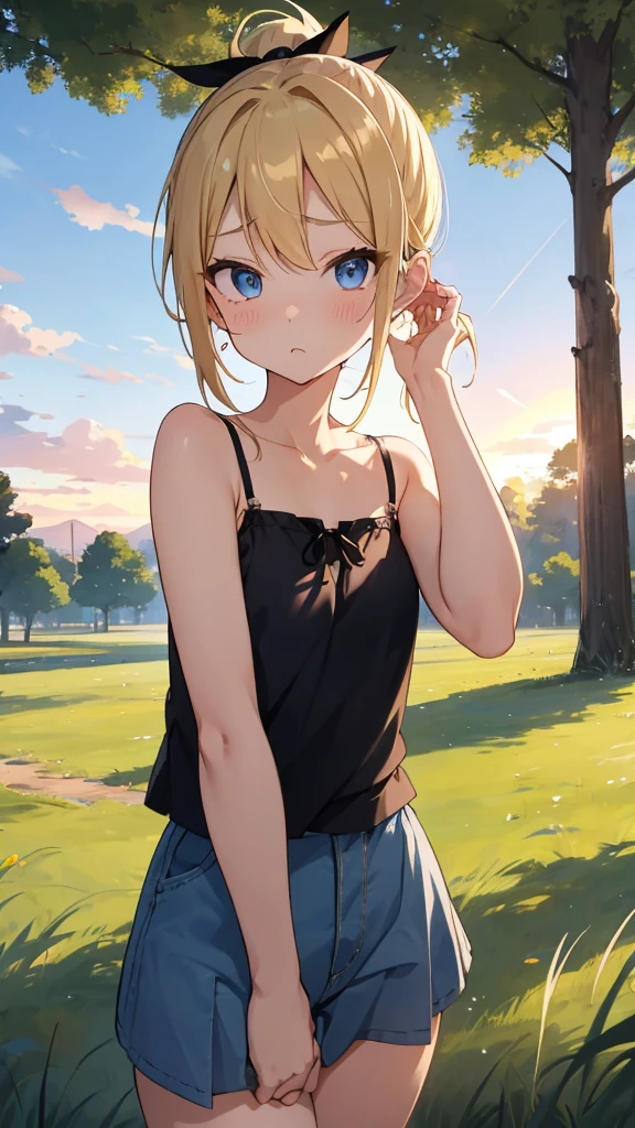 blonde、blue eyes、short ponytail、one good looking girl、alone、anime、camisole、clothes are torn、tilt one&#39;s face、tie your hair with a black ribbon、sunset sky、grassland、Light and shadow、raise your legs、column、sparks fall、forest、shortness of breath that grows tall grass、meteor