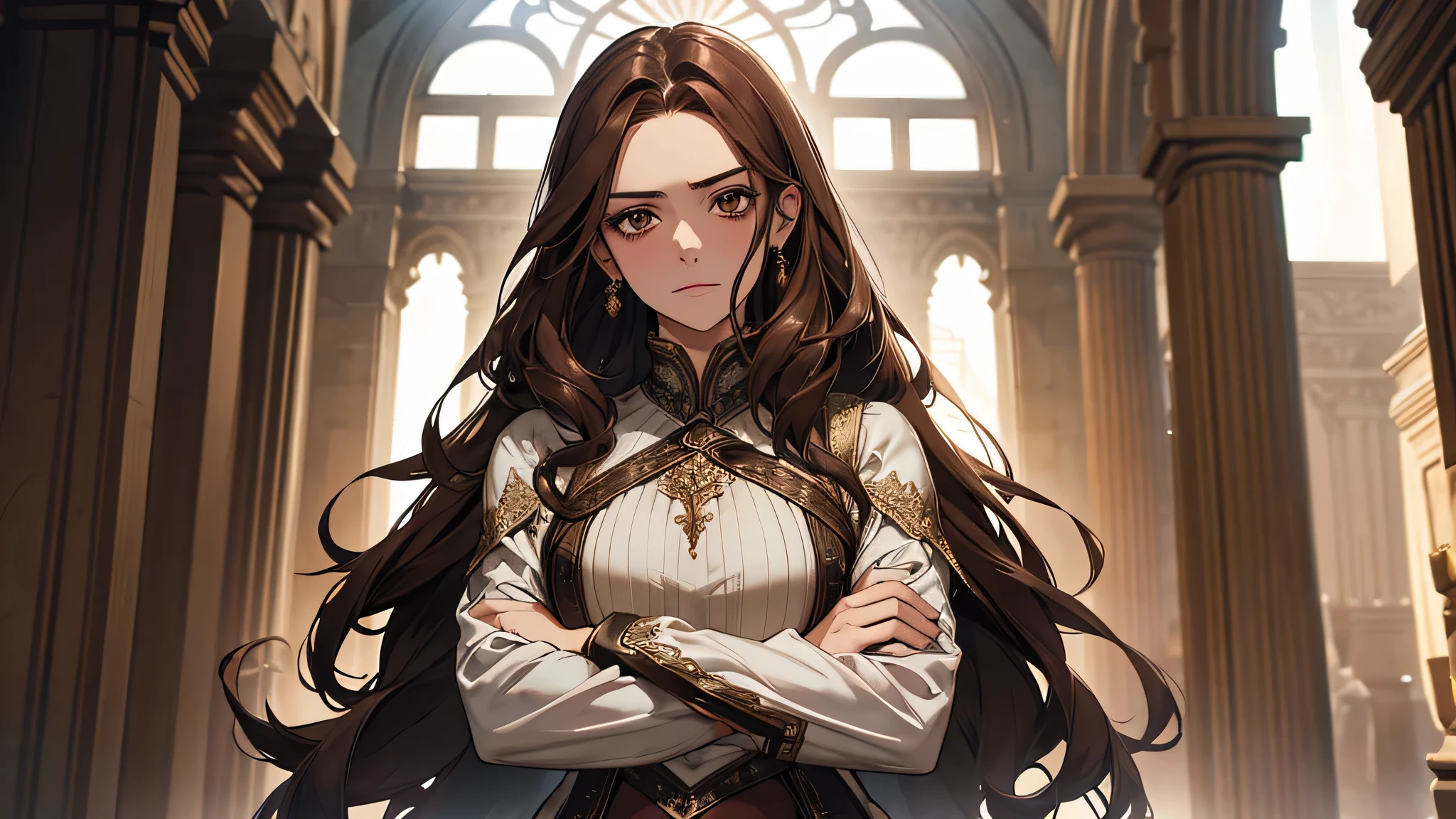 a beautiful girl, highly detailed face, thick brown hair, brown eyes, old noble snobbish lady, swearing transparent gown, when Valeria unfolded her crossed arms, she flipped the hem of the tabard. She complaints that the clothes is somewhat too transparent