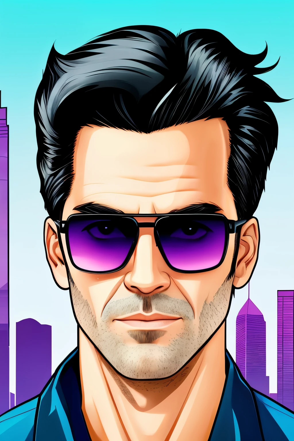 Create an image in the style of Grand Theft Auto Vice City featuring a man holding a weapon with buildings in the background, bathed in night. His hair is black with graying temples, worn in a black shirt and denim jeans. He has a prominent aquiline nose, a cleft chin, a slim build, and wears glasses. In vector art, utilize sixteen vibrant colors. --s1

Or:

Design a Grand Theft Auto Vice City-inspired image with a man brandishing a weapon against a backdrop of lit nighttime buildings. His hair is black peppered with silver, worn with a black shirt and denim jeans. His features include a pronounced aquiline nose