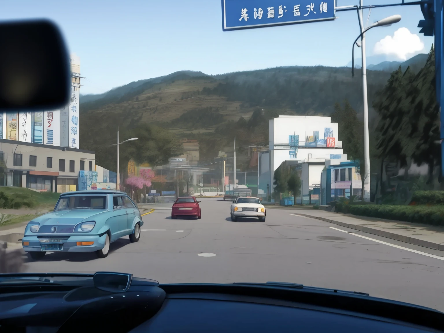 Around town, See through the car window, drive through city, In the foreground is an urban sculpture, A mountain in the background，The mountains are full of flowers, street, mountains in background丘, town in background, mountains in background, Mountains in the distance