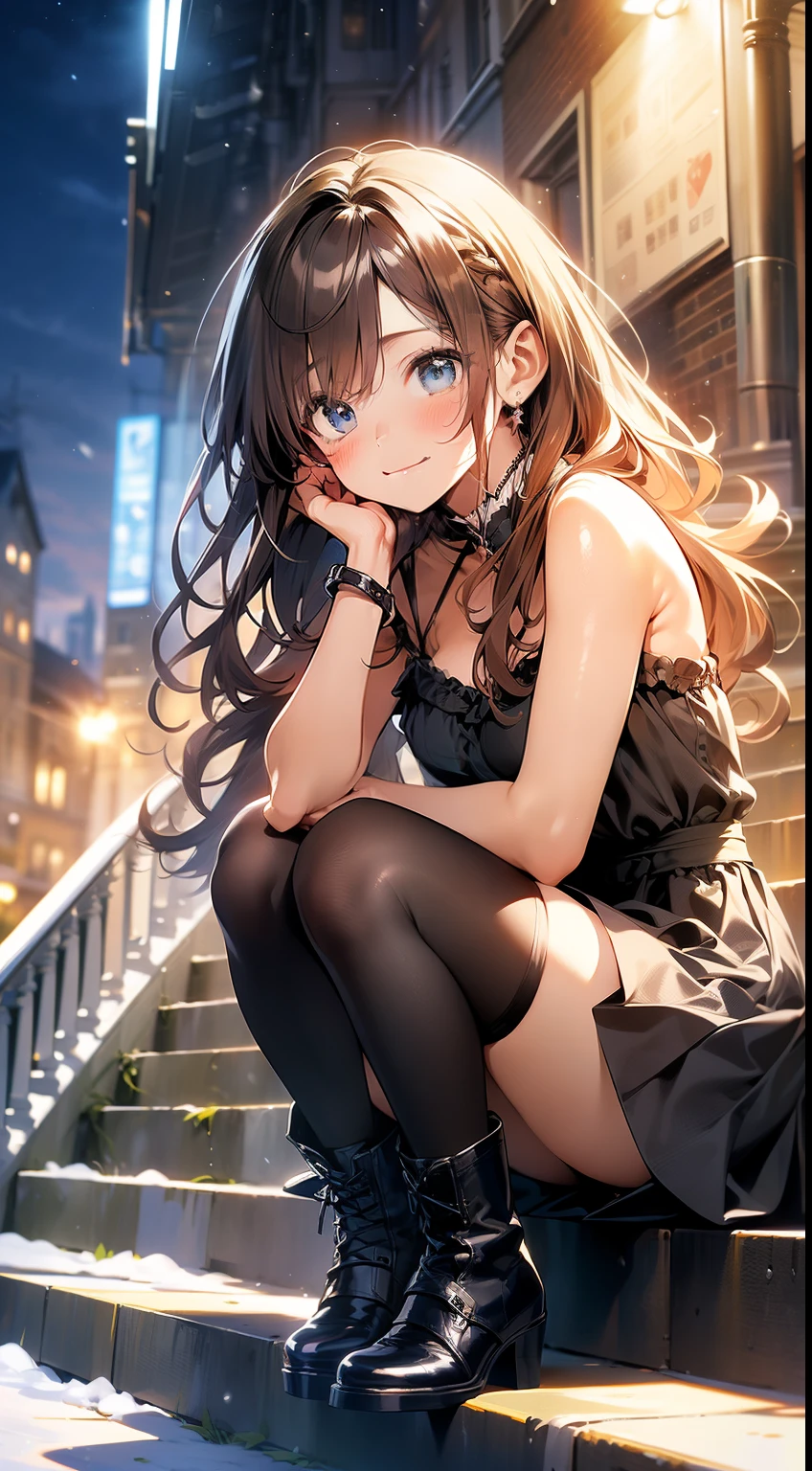 ((masterpiece, best quality, high resolution, ultra high definition, Pixel perfect, wide angle, 4K, RTX, human development report))), 1girl in, single, alone, Beauty、see whole body、 (( Reddish-brown hair , very long hair , Short Liuhai )), ((blue eyes, beautiful eyelashes, realistic eyes)), ((Detailed face, blush:1.2)), ((smooth texture:0.75, lifelike质感:0.65, lifelike:1.1, Anime CG style)), medium breasts, Perfect body, ((low cut maid costume, bare shoulders ,Black tights ,Black boots)), Smile, Holding birthday cake ,Go down the stairs, (The wind blows the long hair,bare shoulders、Black tights、Black boots) , It snows at night