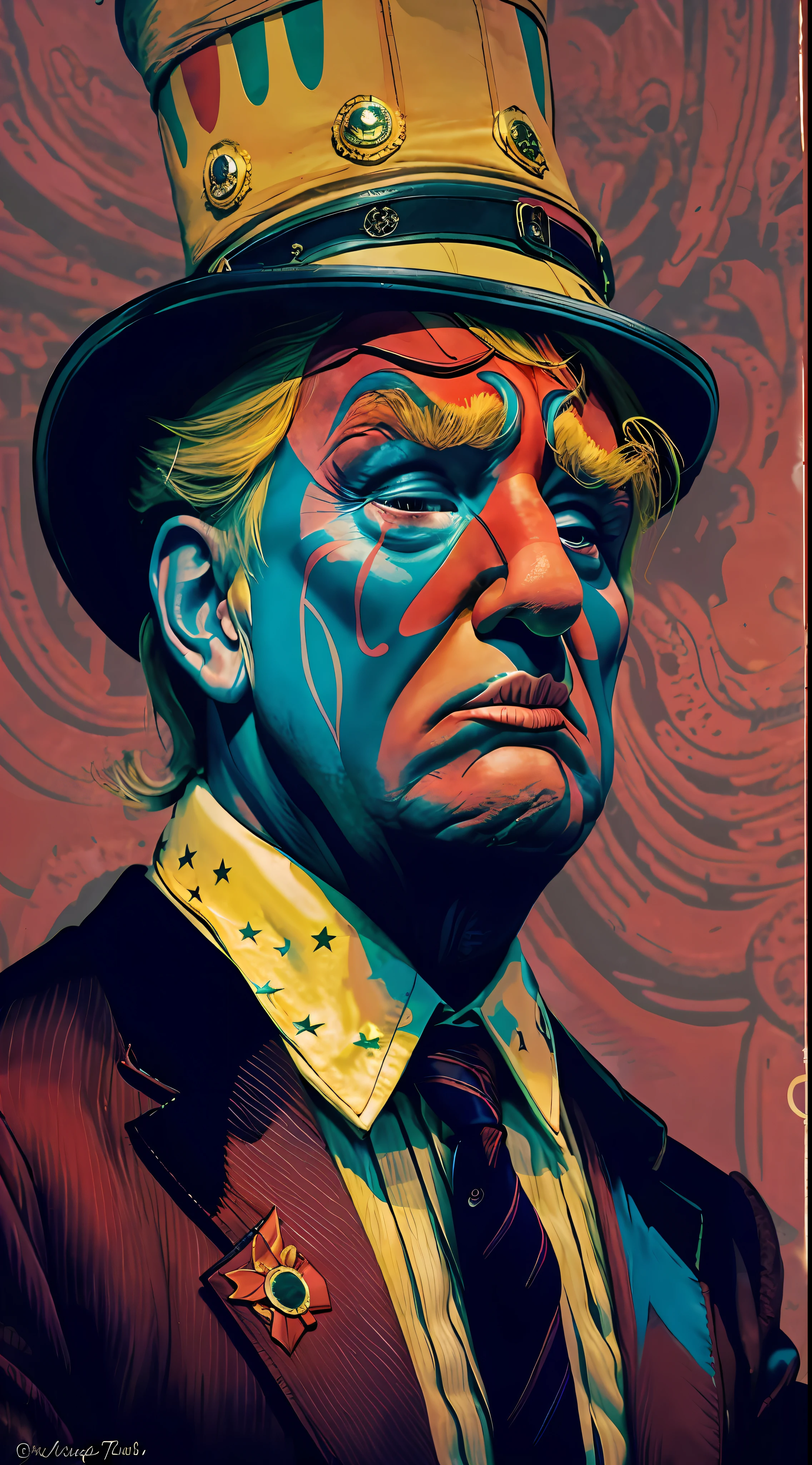Donald trump, Dress up as a circus clown, sit sad and cry, The sharpest image, Bright colors but in the dark, cinematic, masterpiece.