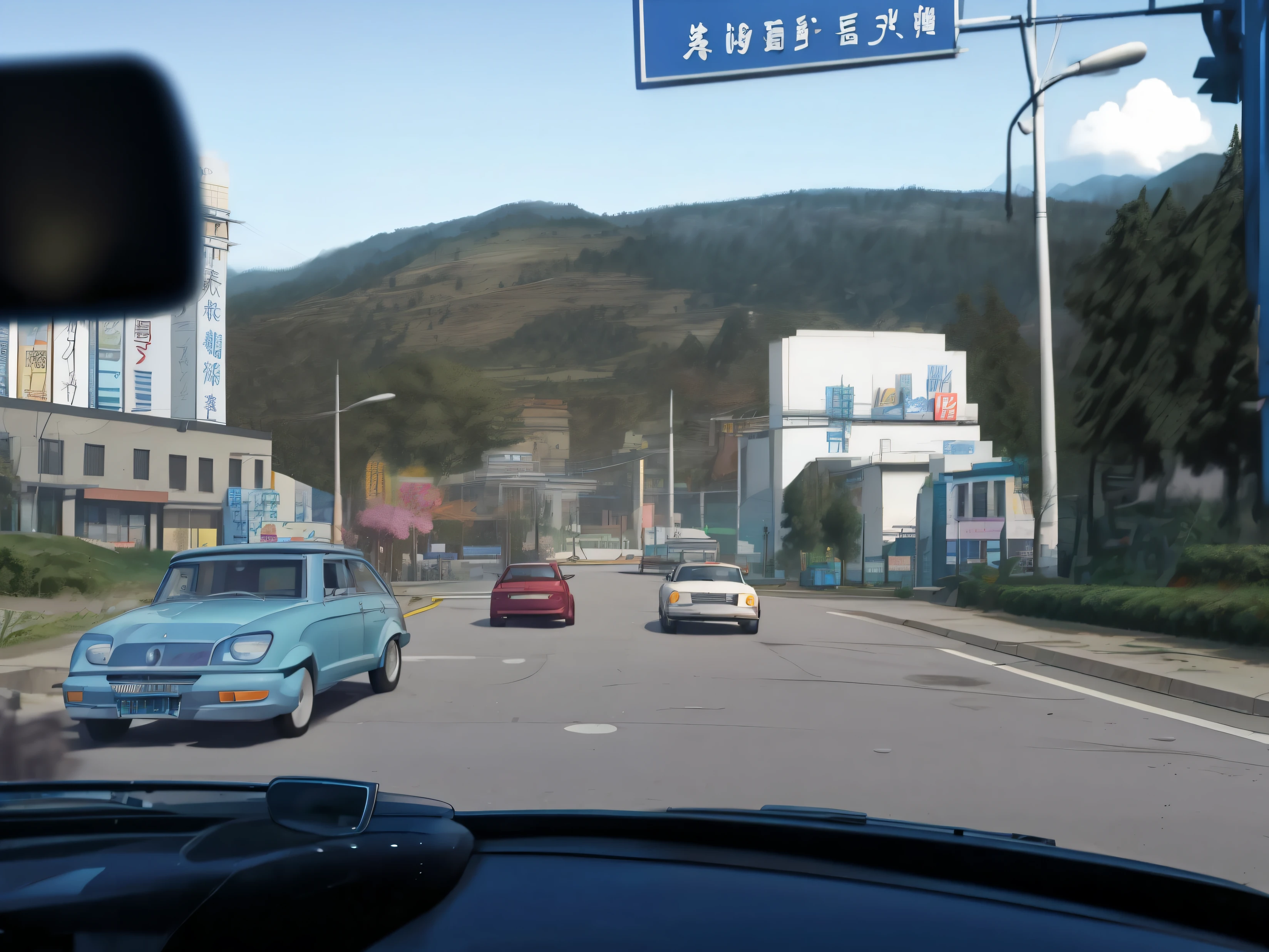 around town, See through the car window, drive through city, In the foreground is an urban sculpture, There is a mountain in the background，The mountains are full of flowers, street, mountains in background丘, town in background, mountains in background, mountains in the distance