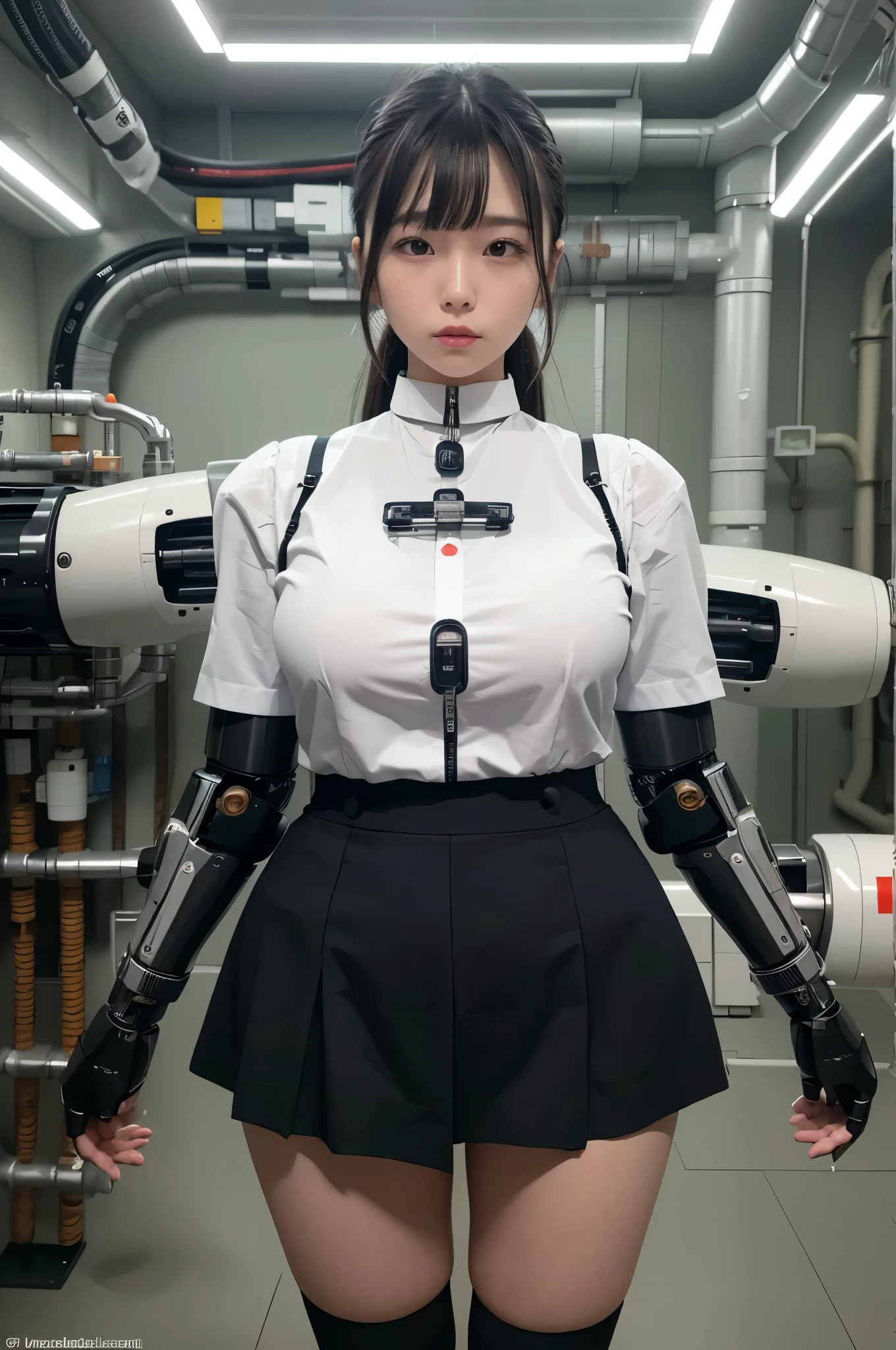 masterpiece, best quality, extremely detailed, Japaese android girl,Plump , control panels,android,Droid,Mechanical Hand, Robot arms and legs, Black hair,Blunt bangs,perfect robot girl,long tube,thick cable connected her neck,android,robot,humanoid,cyborg,japanese cyborg girl ,future laboratory,connecting a cable between the legs,skirt, high socks
