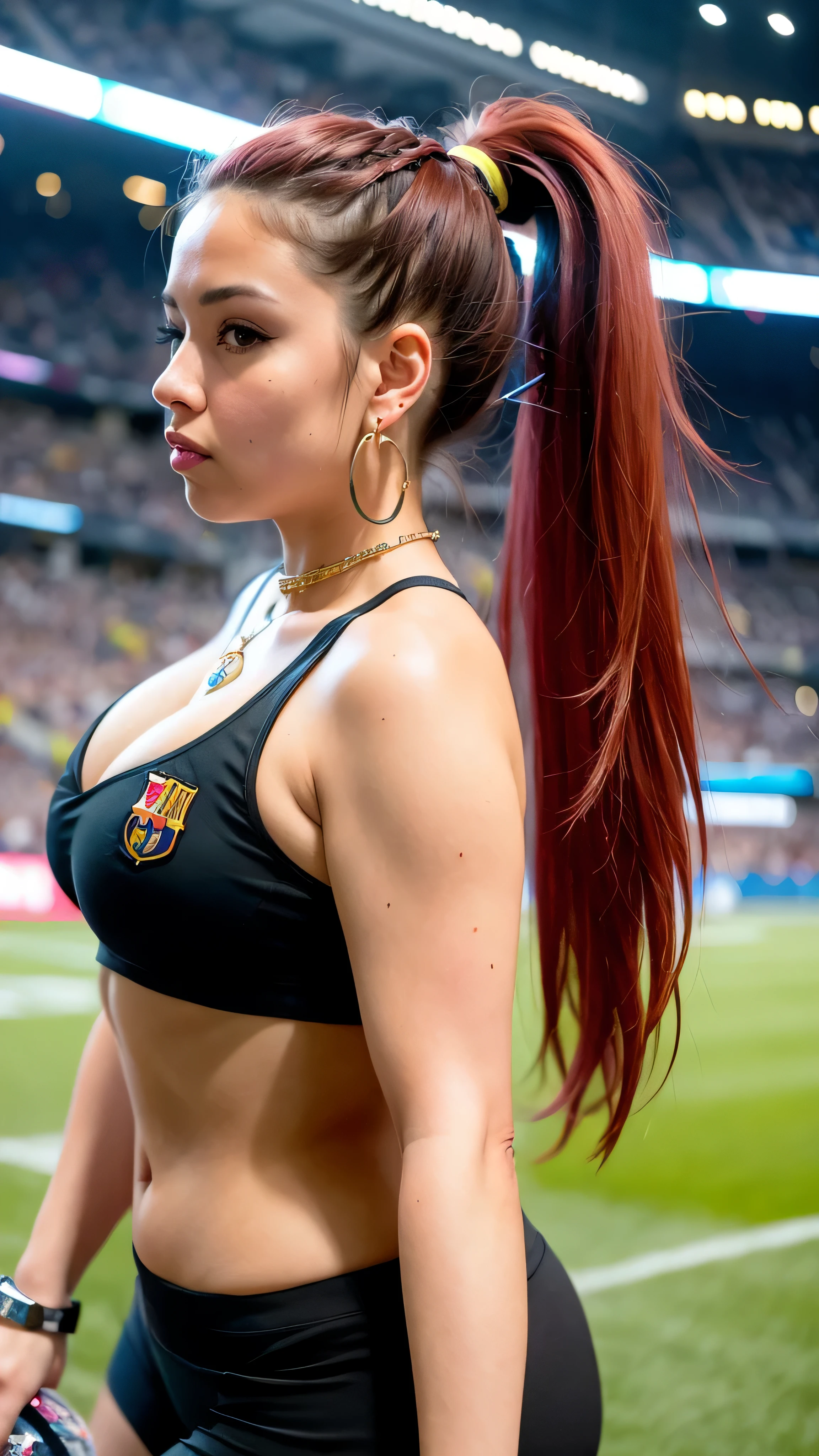 1girl, long hair, ponytail, barcelona football kit, earrings, jewelry, big breasts, (curvy), professional make-up, necklace, football stadium vacation, (cyberpunk), colorful, dynamic light, dynamic angle