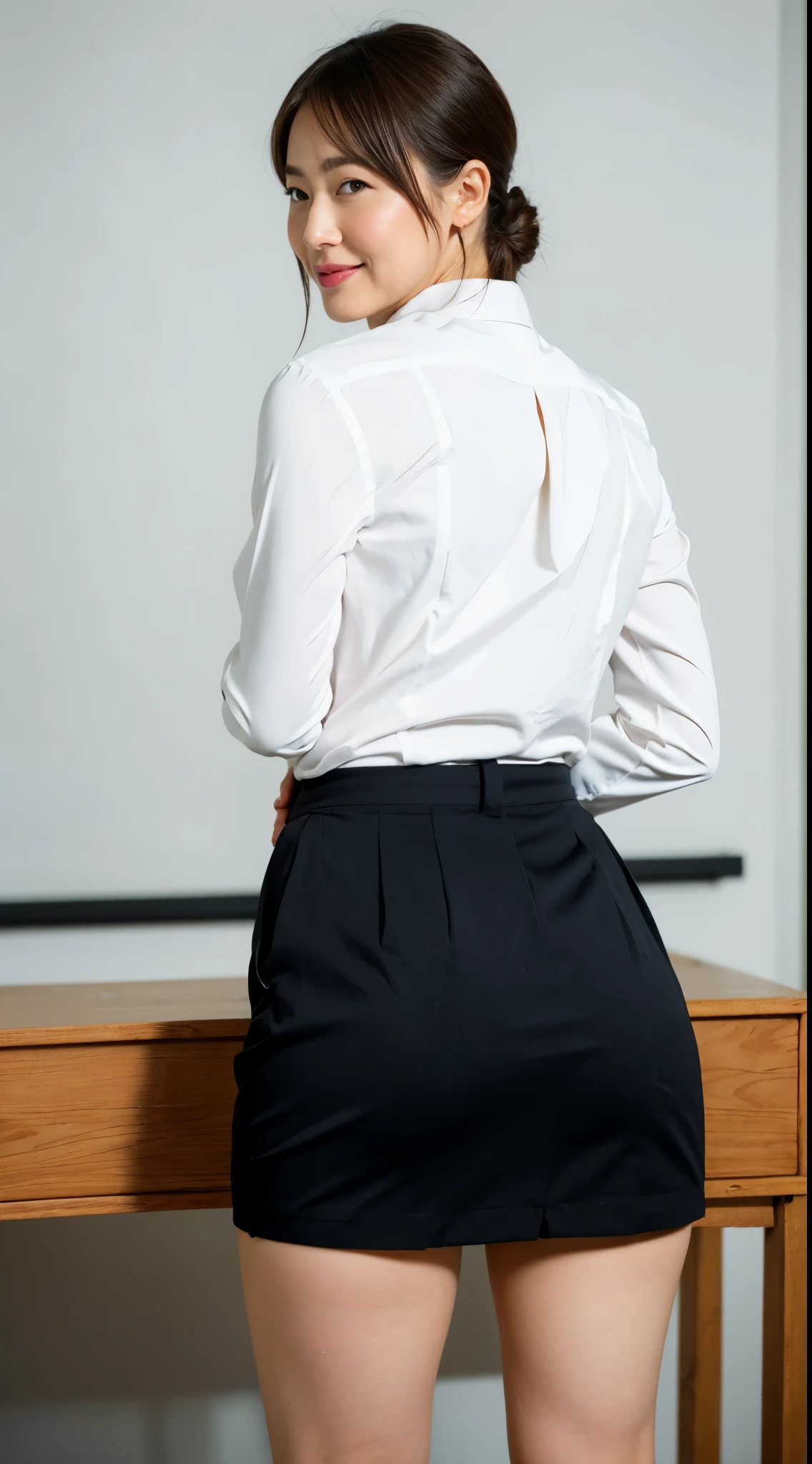 (Best quality, 8k, 32k, Masterpiece, UHD:1.2), from behind, 1 walking girl, beautiy Japanese office lady, (smile:0.5), (looking at the the viewer), 30 years old, bit chubby, white shirt, black skirt, office room, desk, (small breasts, buttocks:1.2), detailed beautiful face, wavy pony-tail hair, from below,