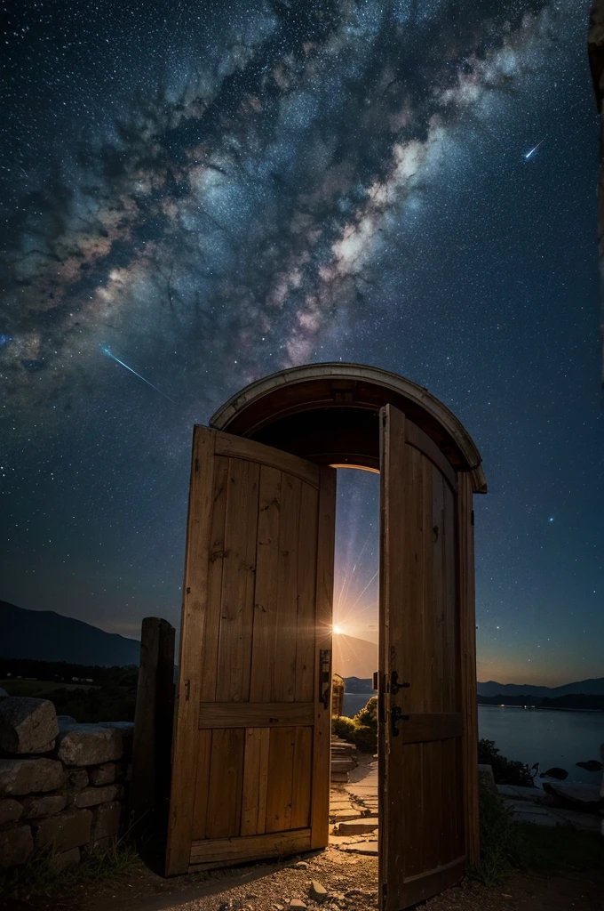 Behind the forgotten old stone door, you can see the light path and the glow of the stars that lead to a different dimension.