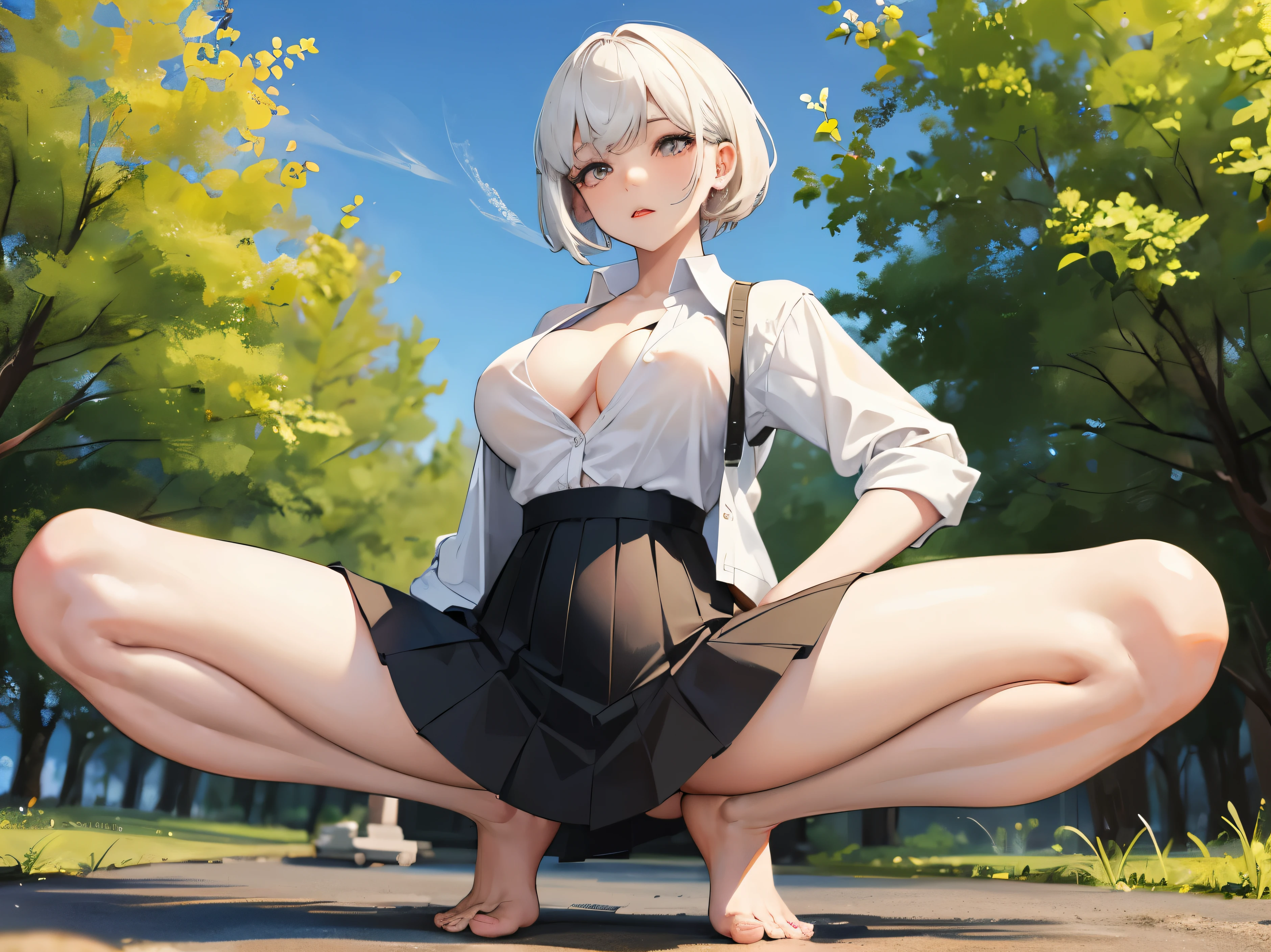 one,spread your legs,Squatting,huge ,barefoot,short skirt,cardigan,white short hair,